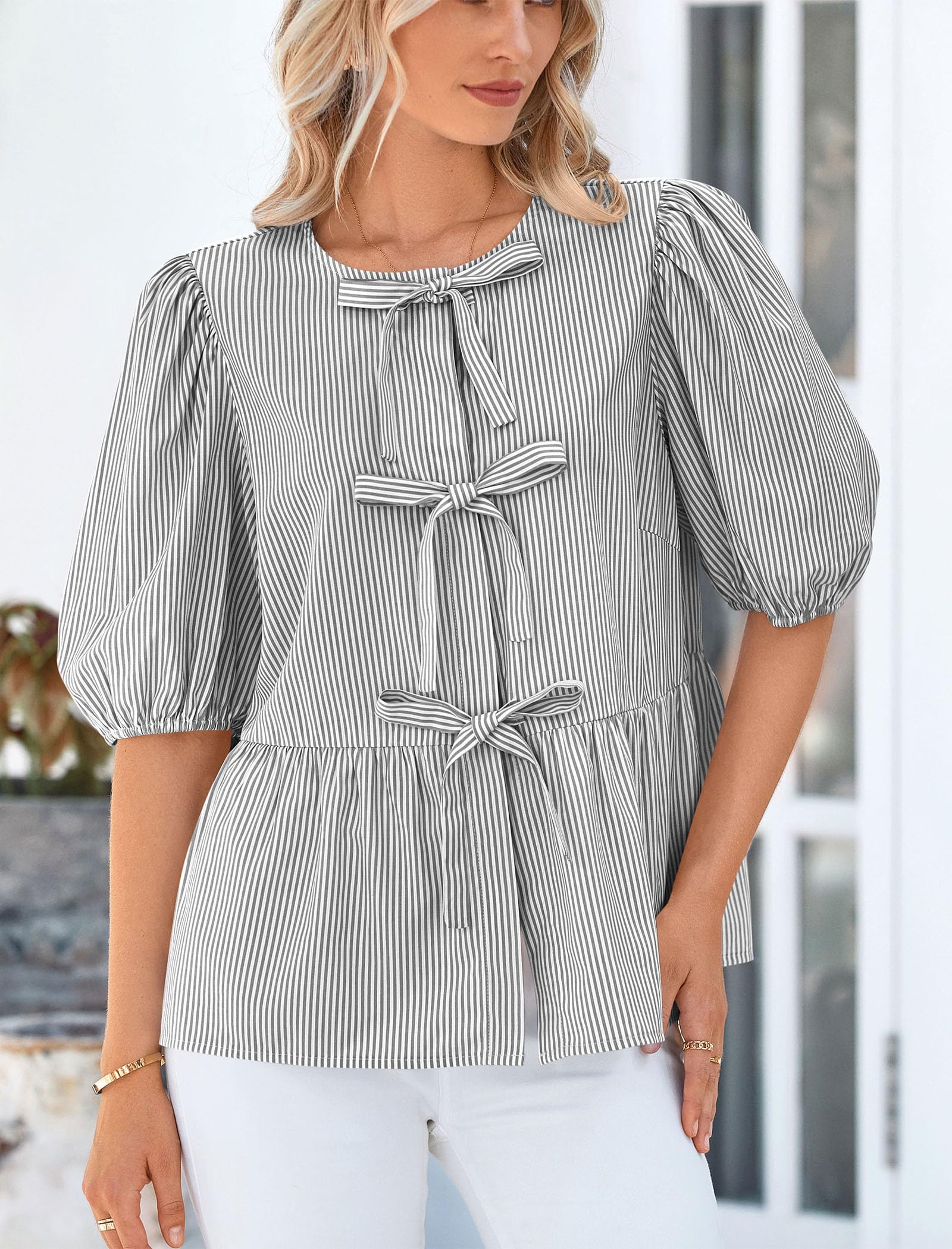 Women Striped Tie Front Babydoll Peplum Tops, Black,S
