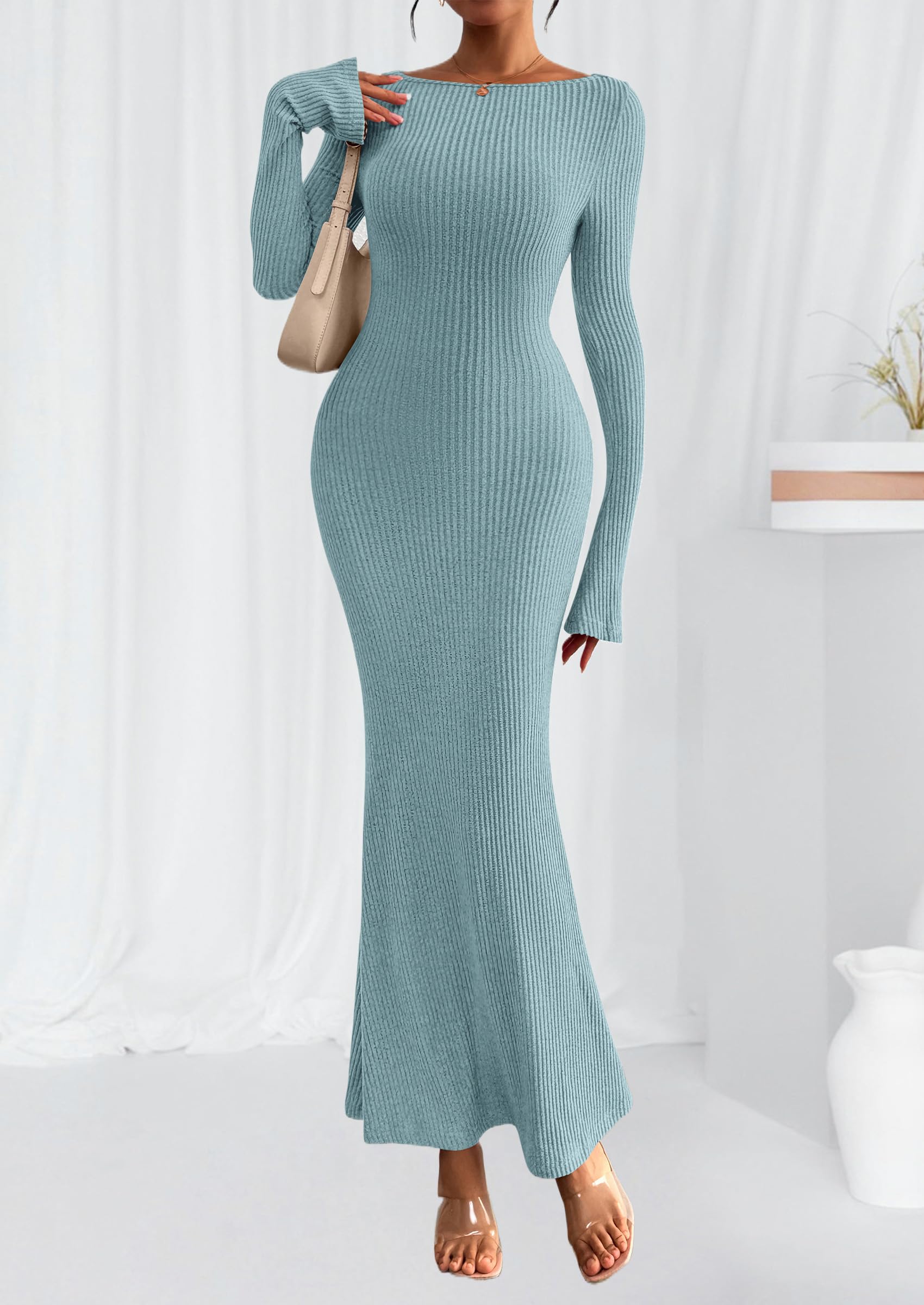 Women's Fall Long Sleeve Bodycon Maxi Dresses (Light Blue,XS)