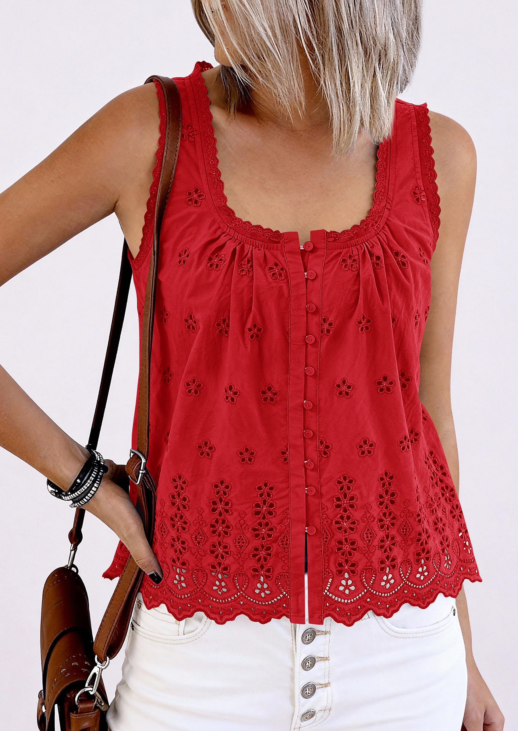 Women's Lace Tank Top Embroidery Eyelet Blouses,Red,S