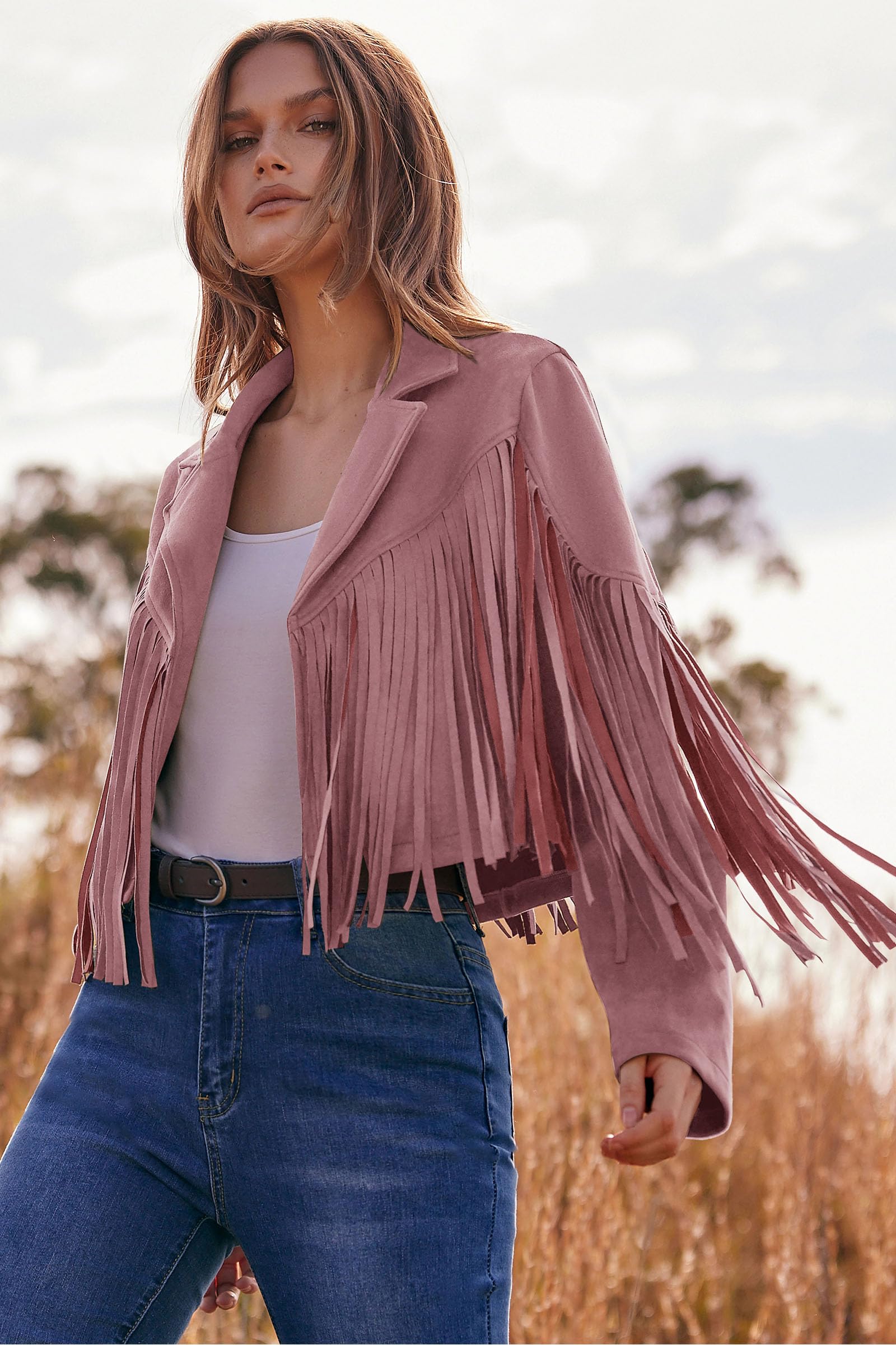 Women's Fringe Faux Suede Leather Jackets Fall Fashion 2025 Tassel Motorcycle Cropped Coats (Dark Pink,Small)