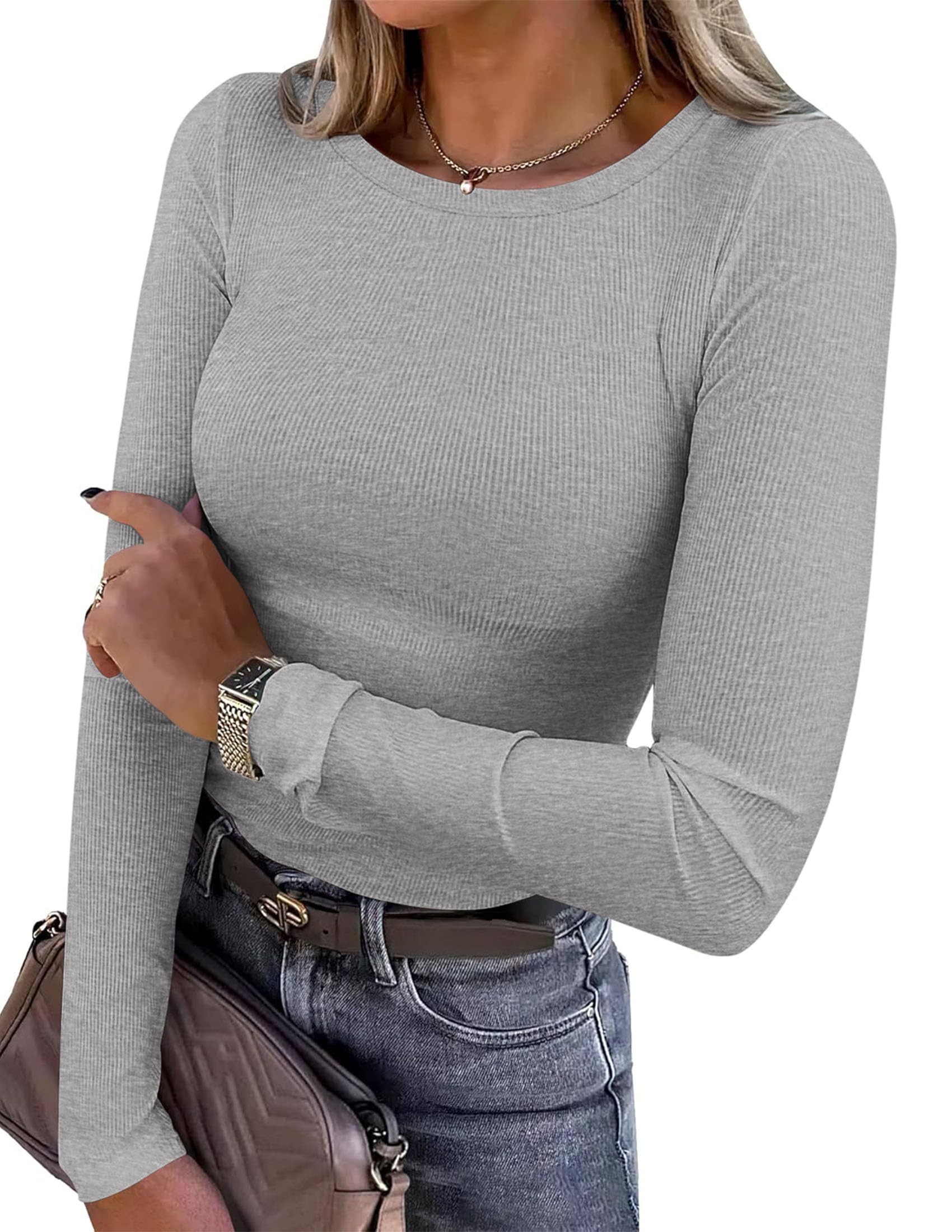 Women's Fall Long Sleeve Shirts Basic Tees (Grey,XS)