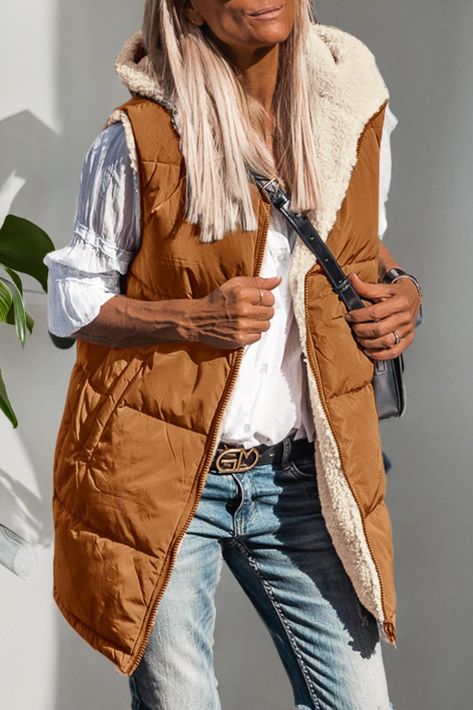 Women's Winter Reversible Fleece Long Vests(Brown,S)