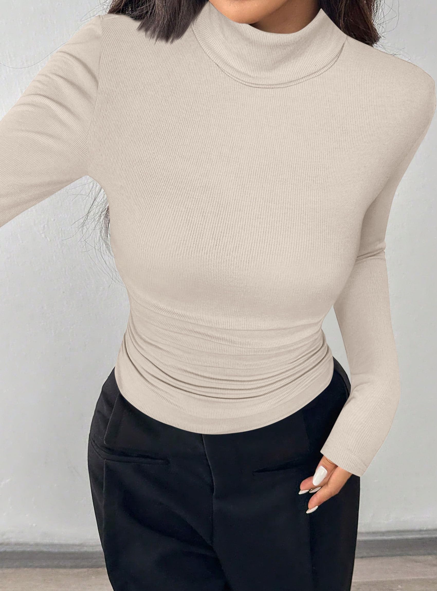Turtleneck Tops for Women Long Sleeve Shirts, Beige, XS