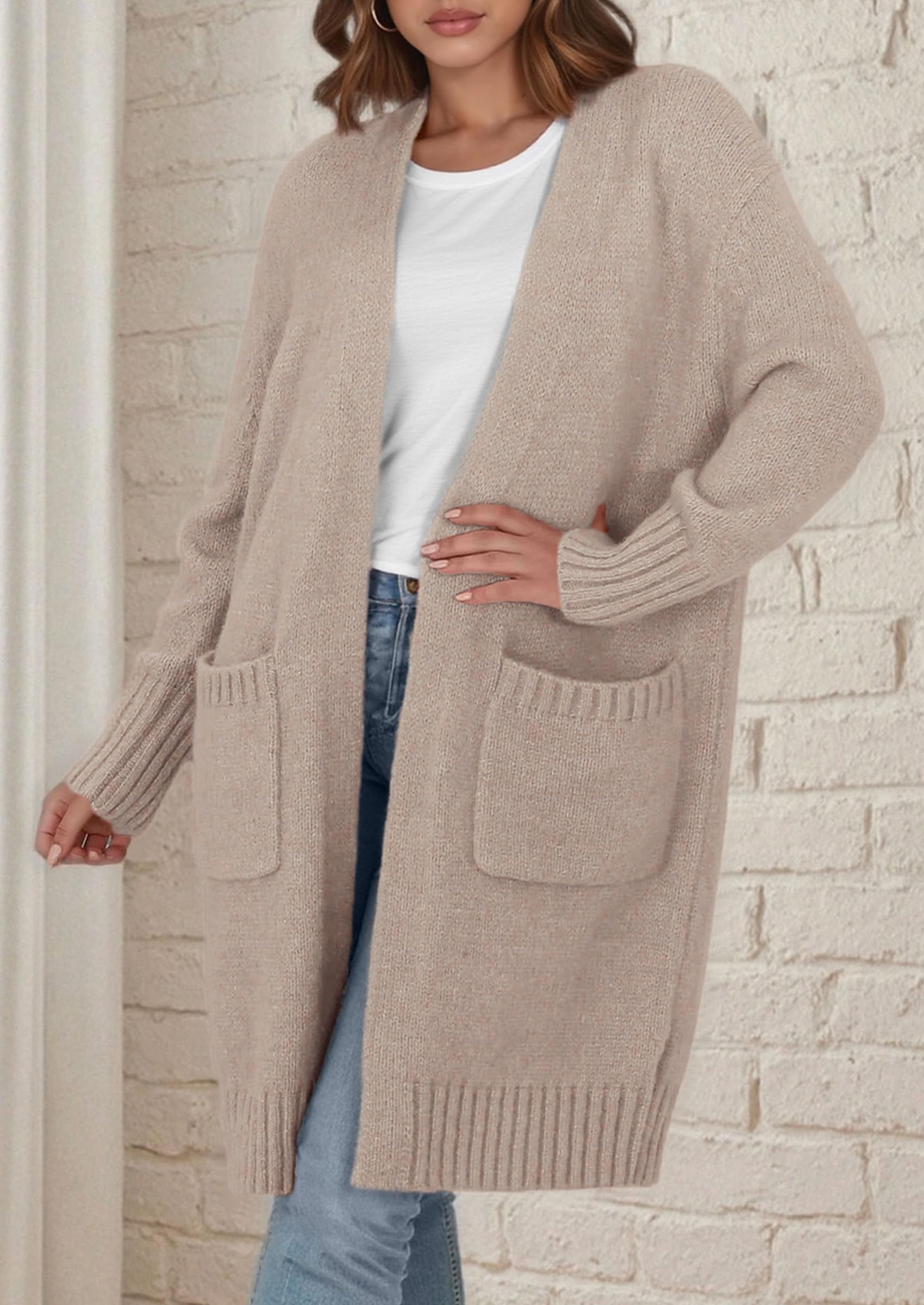 Open Front Cardigan Sweaters for Women,Beige Grey,S