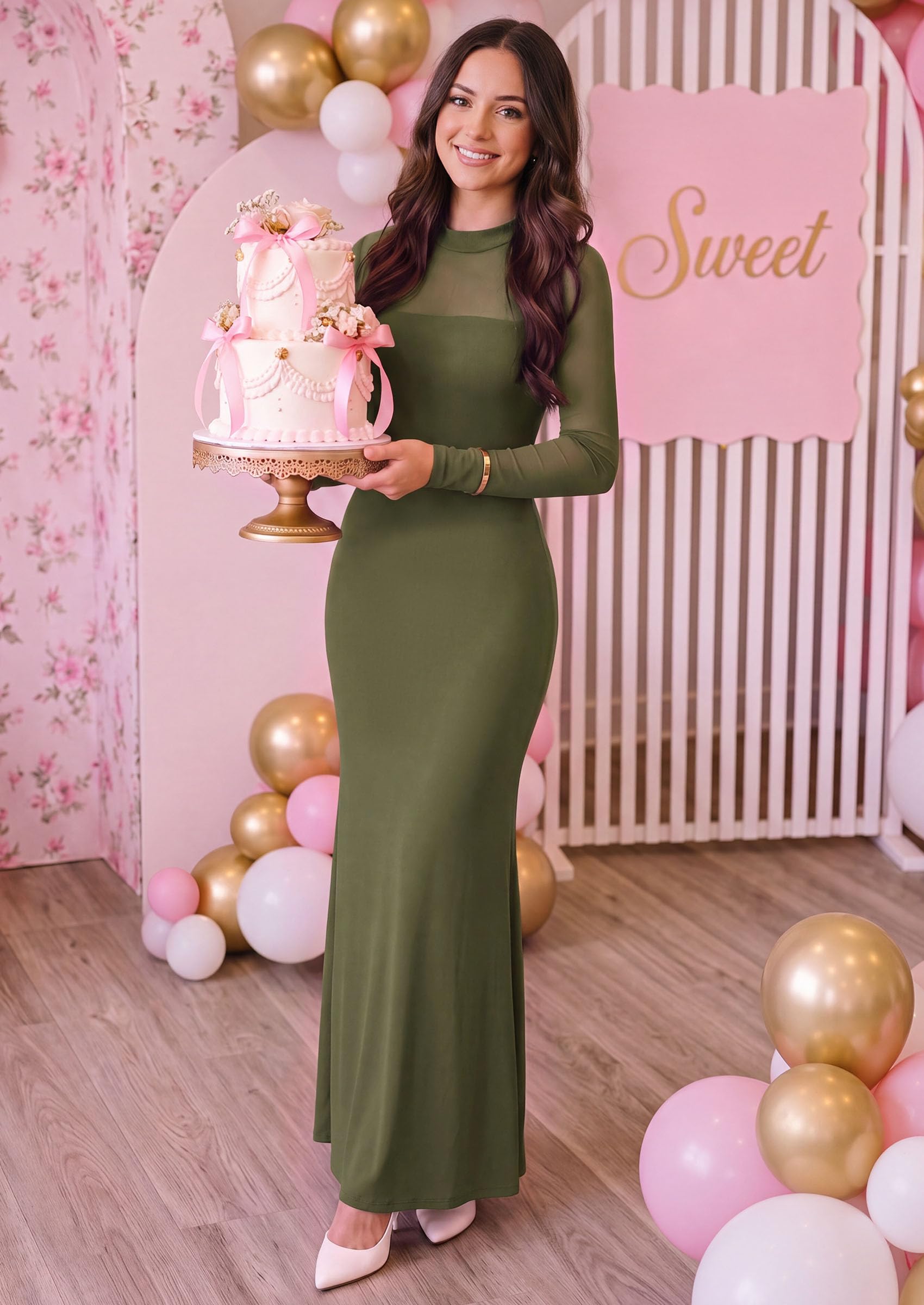 Women's Long Sleeve Formal Mesh Fall Wedding Guest Maxi Dress
