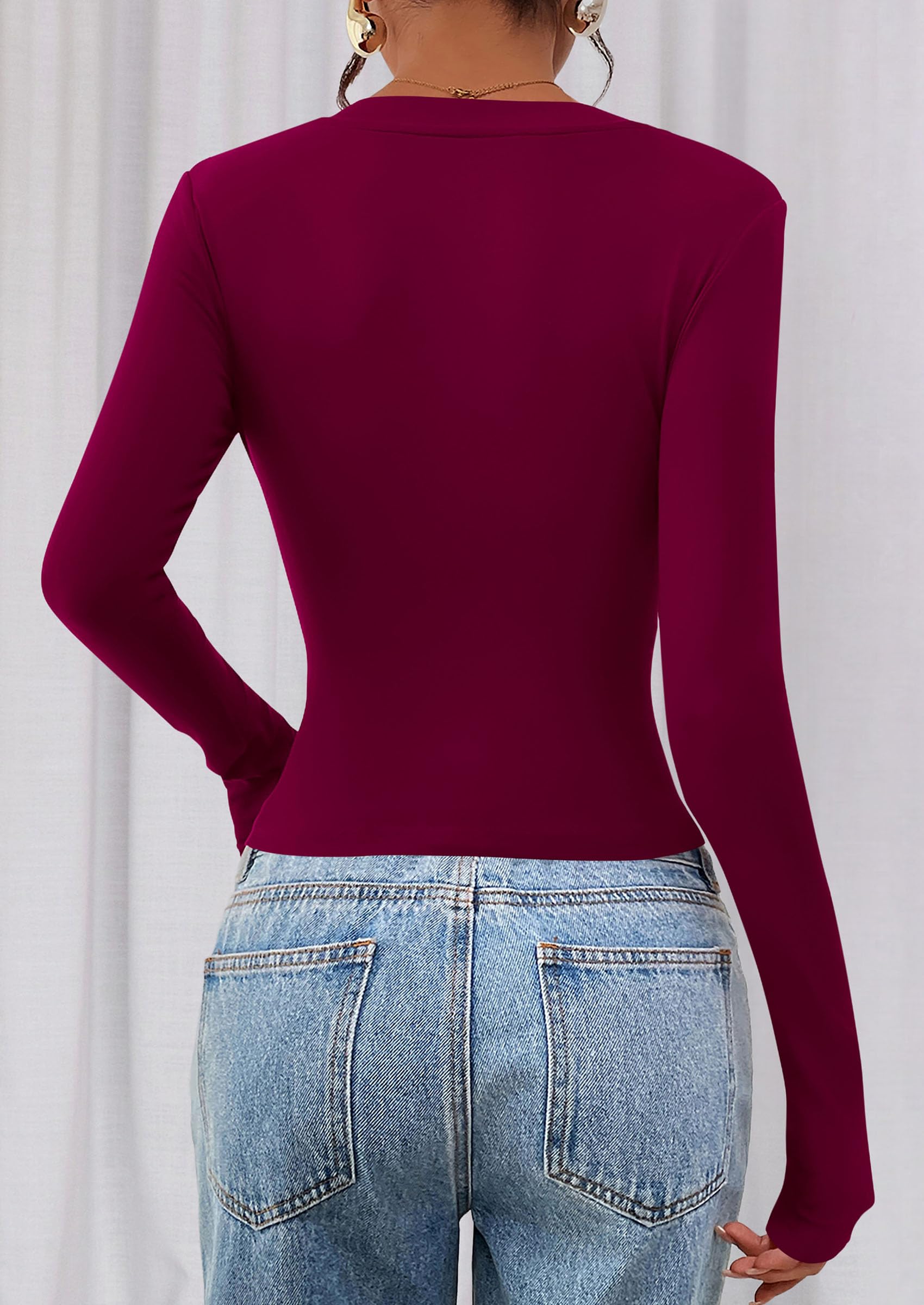 Womens Long Sleeve Slim Fit Crop Tops,Wine Red,XS