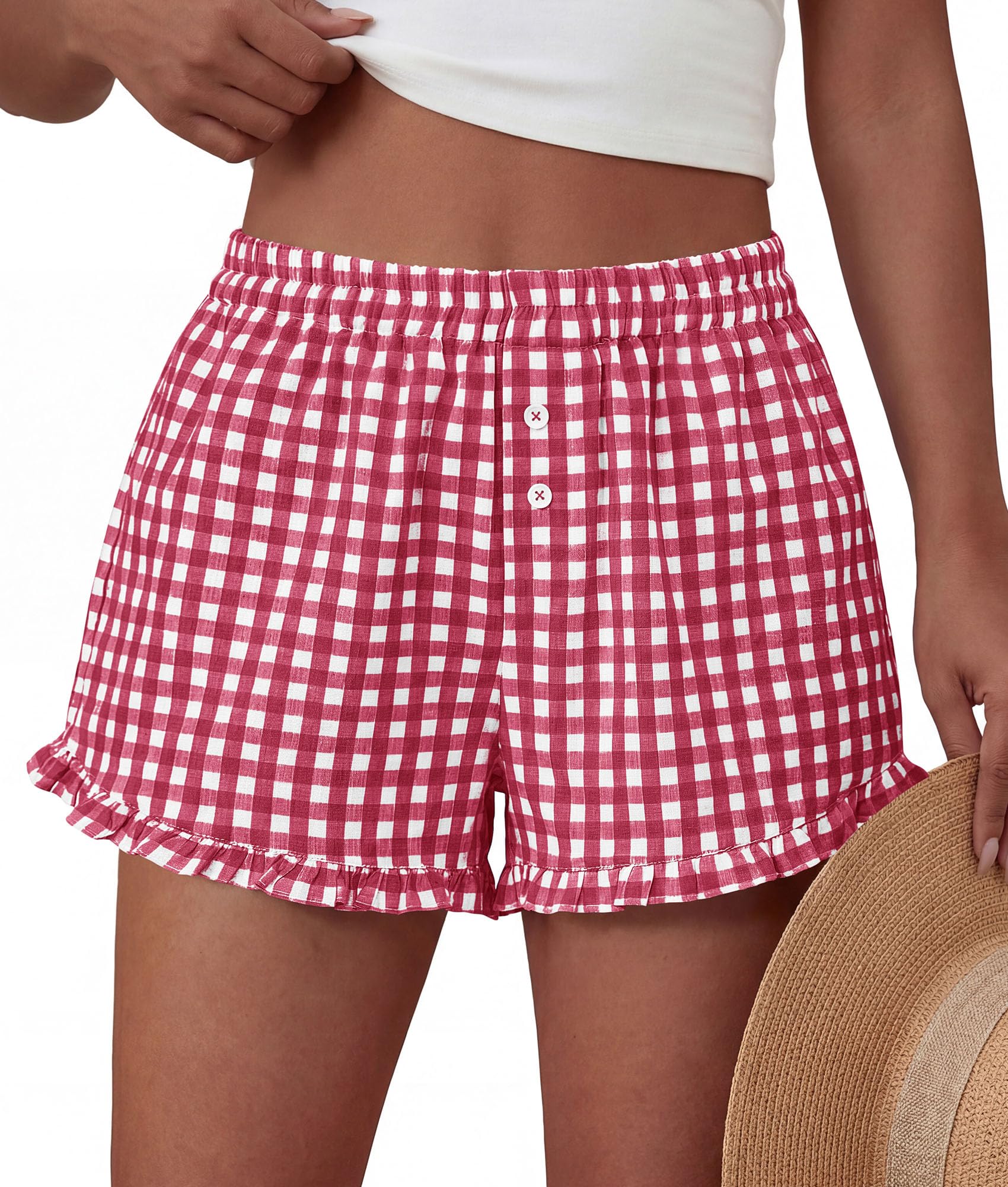 Womens Boxer Shorts Striped Gingham Ruffle Pajama Bottoms