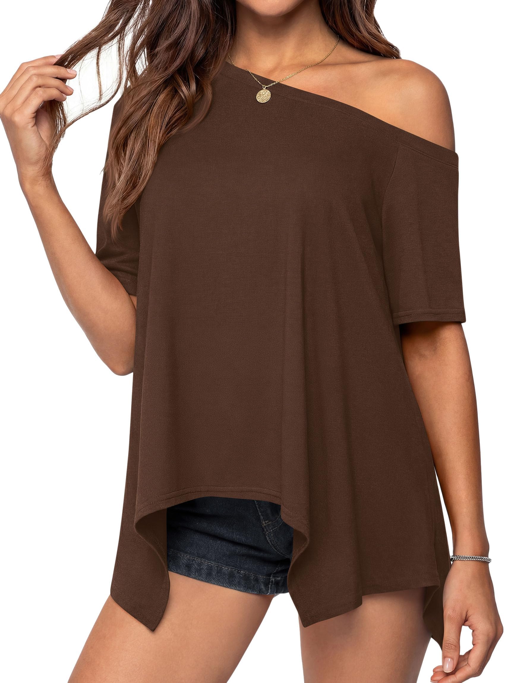 Off Shoulder Tops for Women Oversized Tshirts, Brown,S