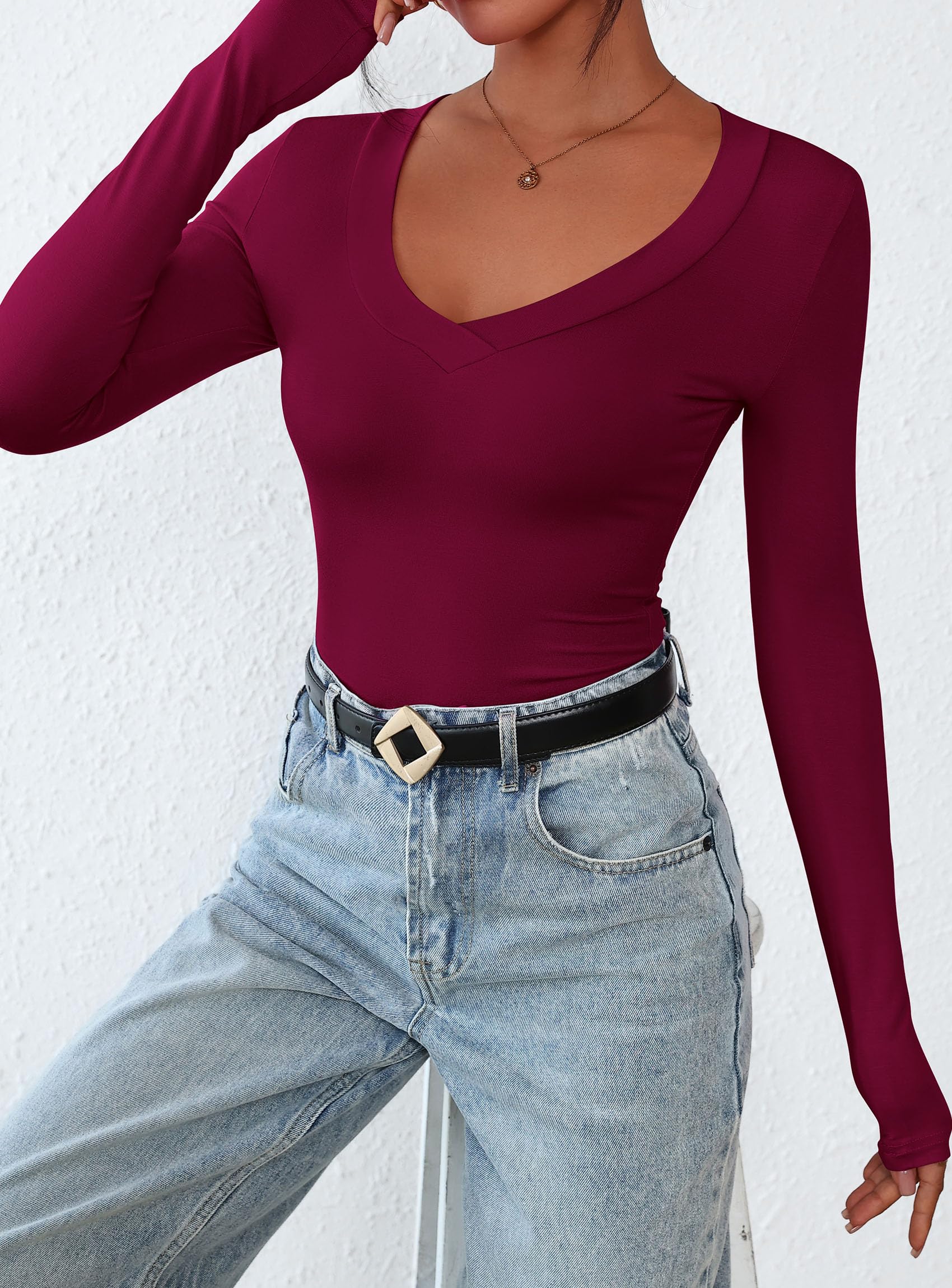 Women's V Neck Long Sleeve Shirts,Burgundy,X-S