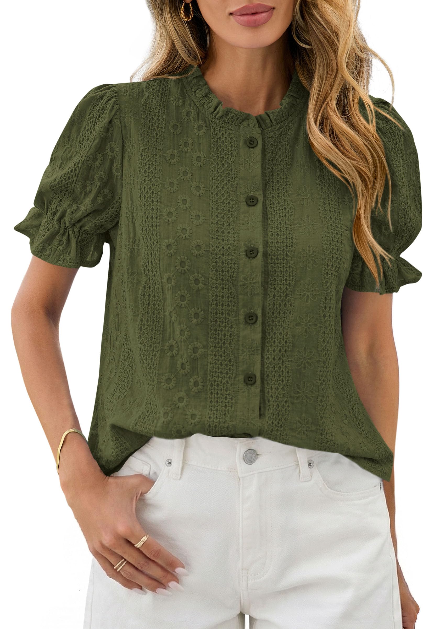 Womens Embroidered Puff Short Sleeve Tops,Army Green,S