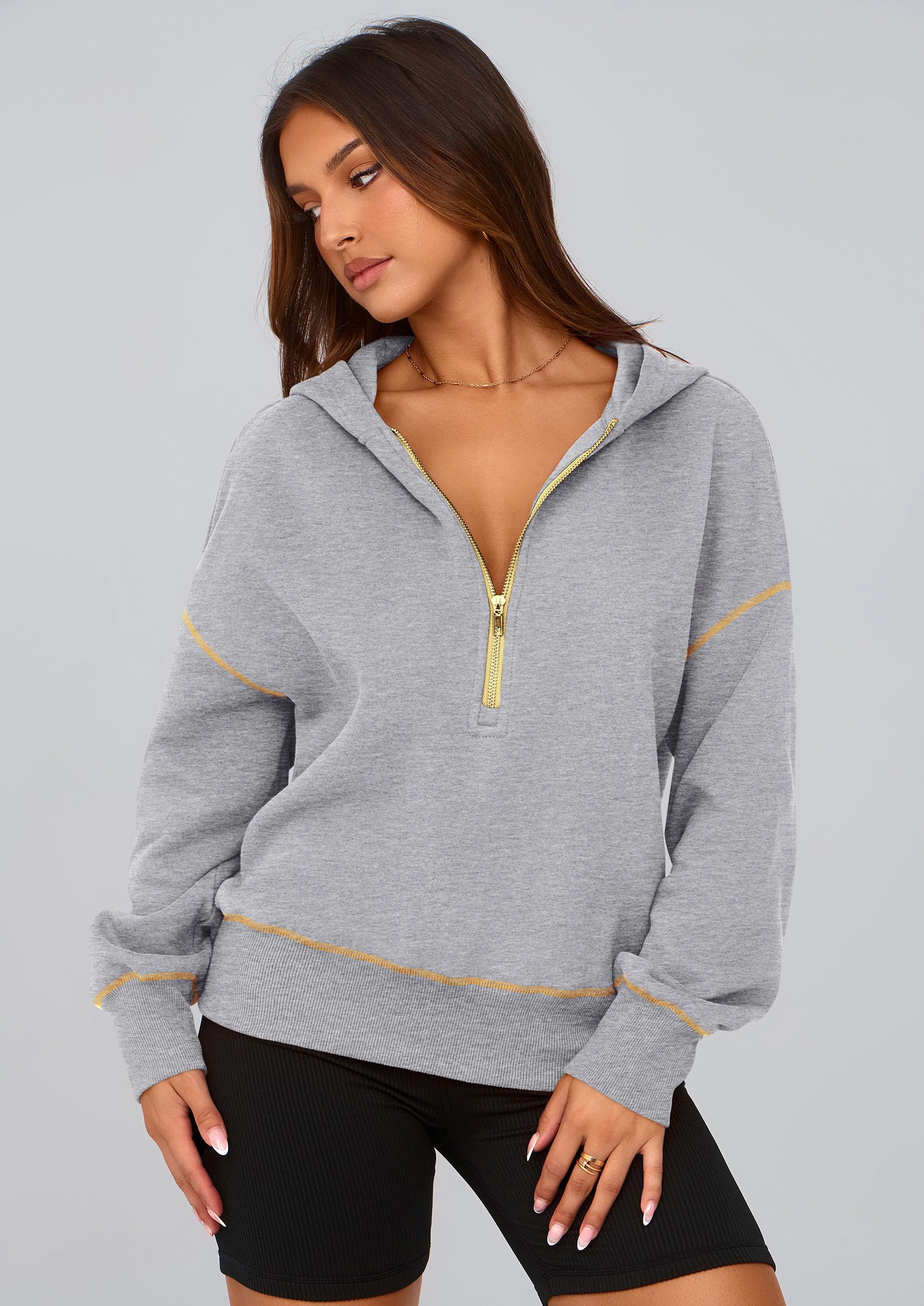 Women's Fall Half Zip Cropped Hoodie Sweatshirt Grey