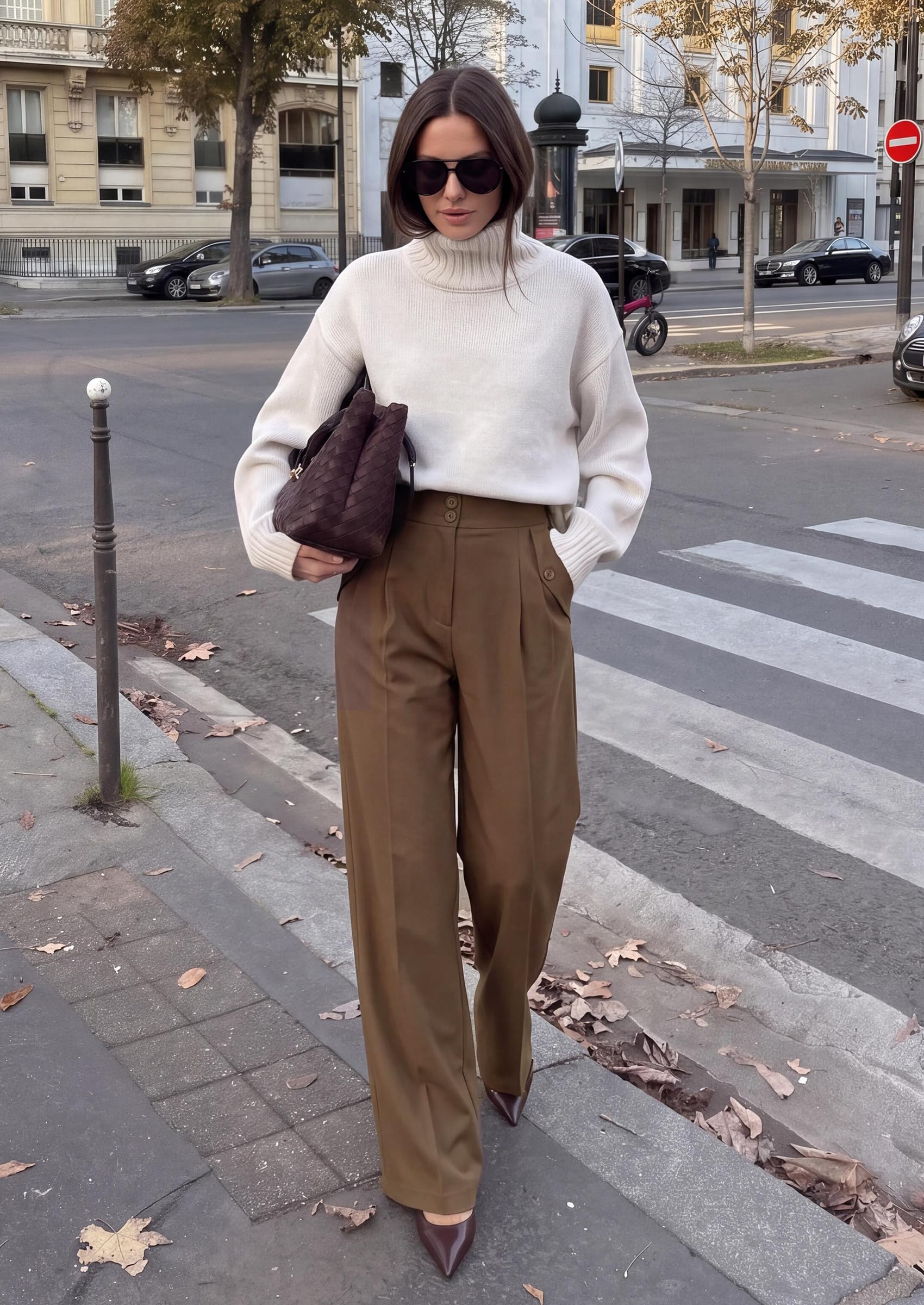 Women's Wide Leg Work Dress Pants Trousers (Brown,S)
