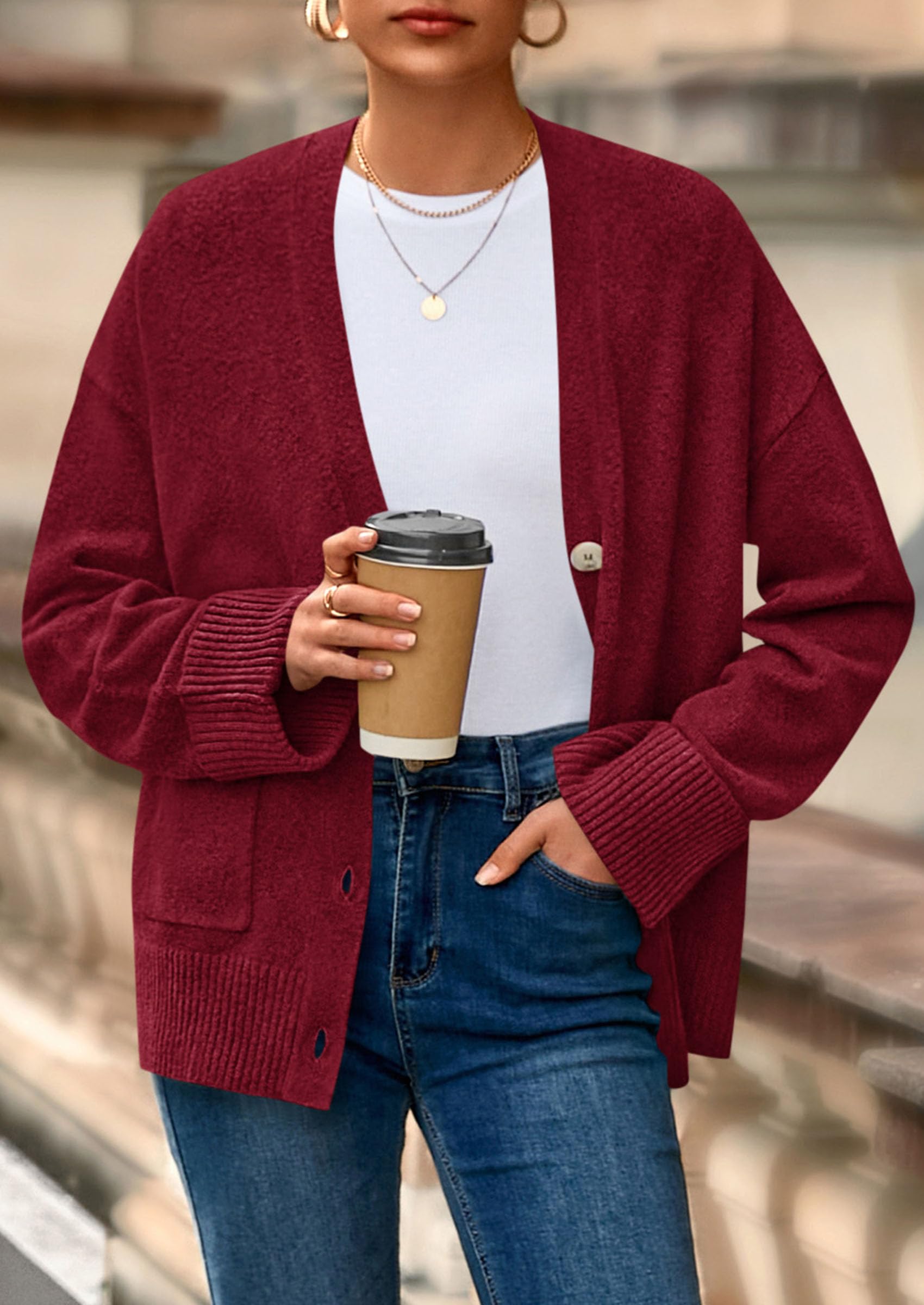 Women's Winter Oversized Cardigan Sweaters (Burgundy,S)