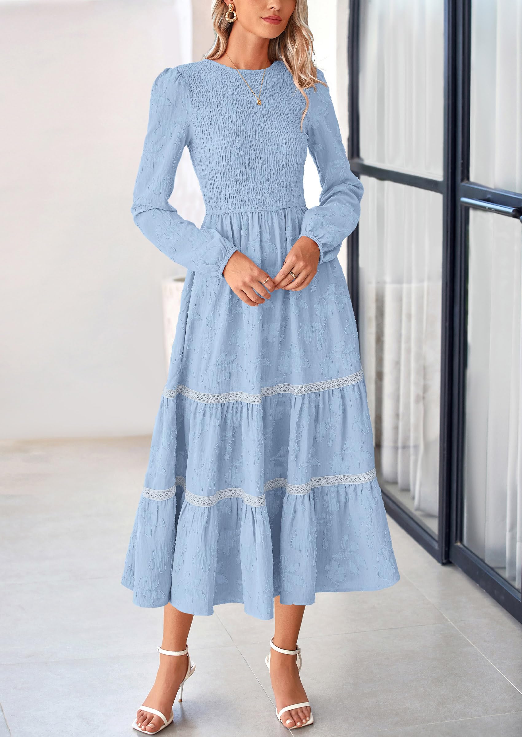 Women's Long Sleeve Boho Floral Midi Dress, Light Blue,M