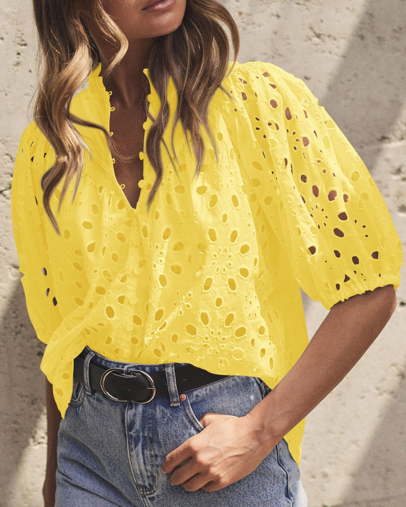 Womens Tops Boho Eyelet Puff Sleeve Blouse, Yellow,S