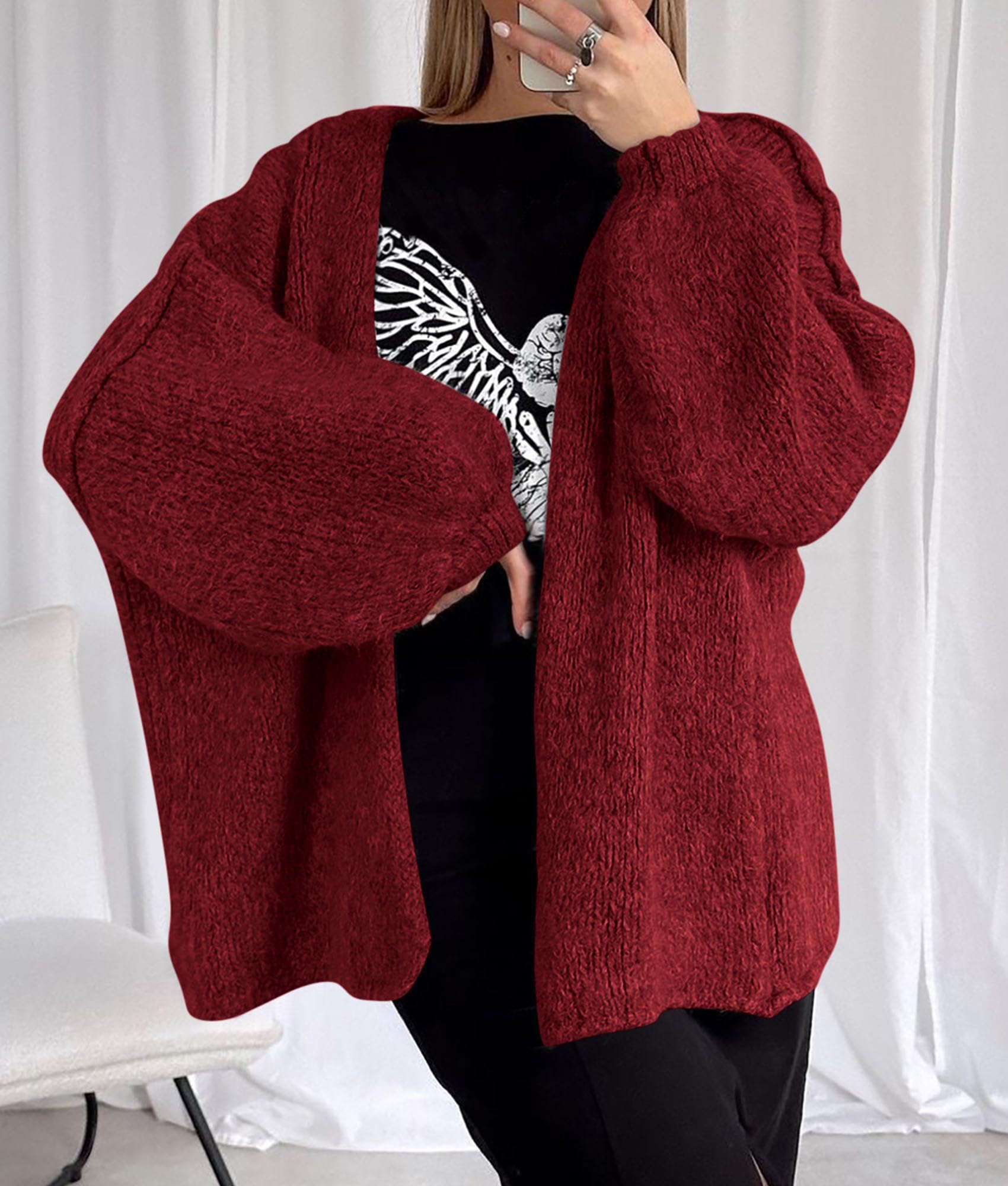 Womens Open Front Oversized Cardigan Sweaters,Wine Red,XS
