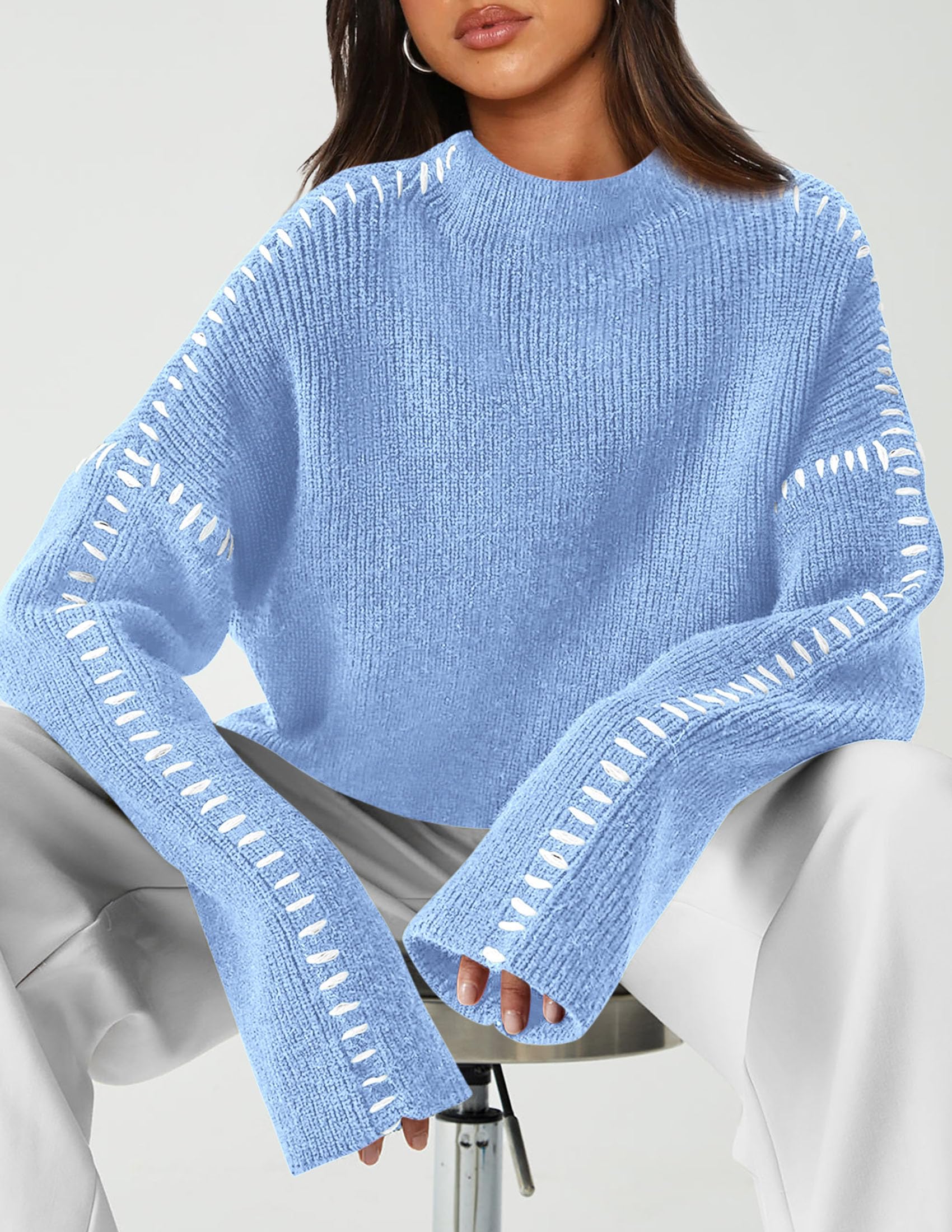 Womens Chunky Knit Oversized Pullover Sweaters,Light Blue,S