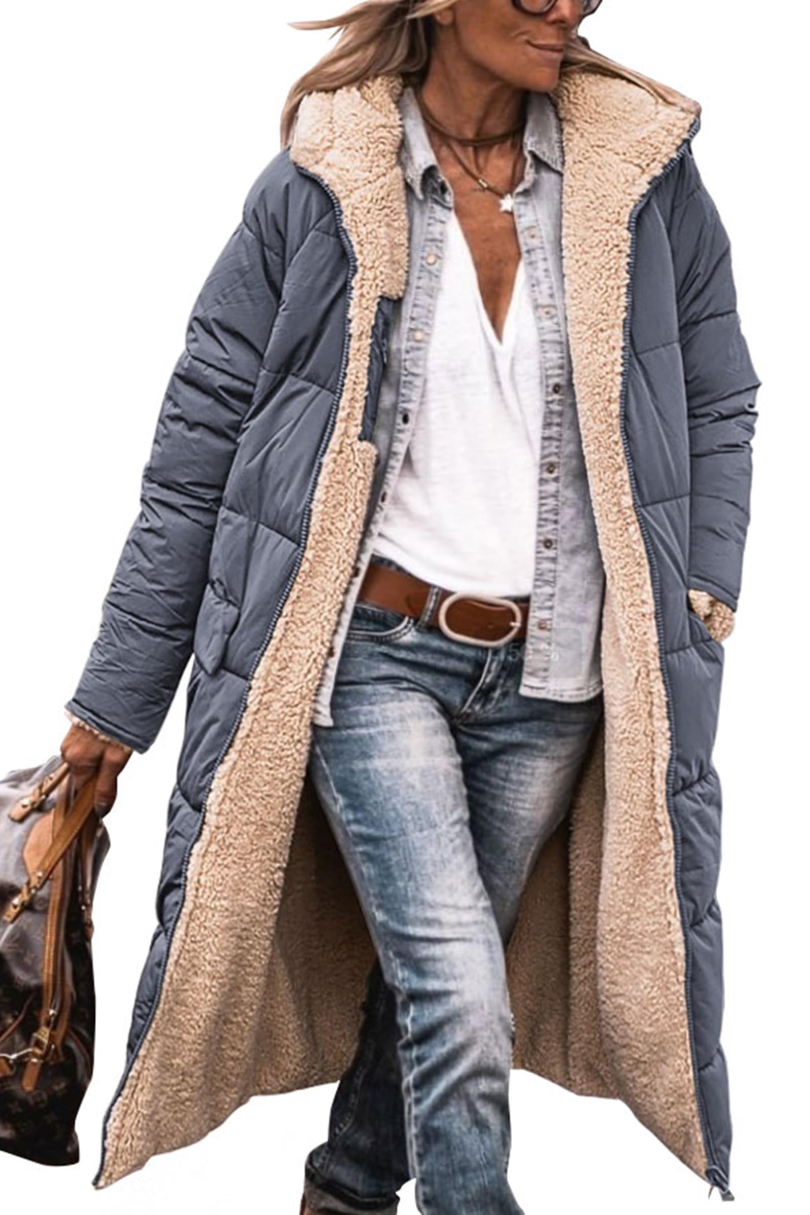 Women's Winter Fleece Warm Long Coats(Grey Blue,Small)