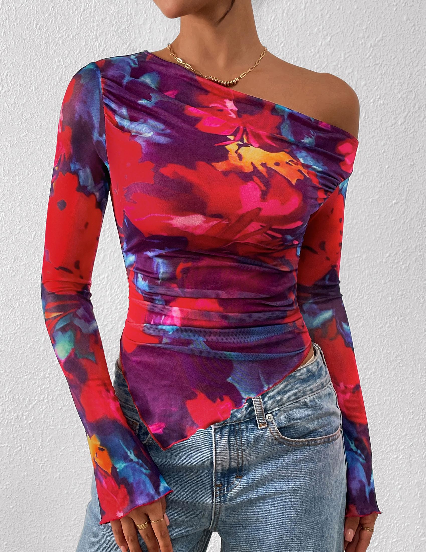 Womens Off Shoulder Mesh Y2k Tops,Floral Navy Red,XS