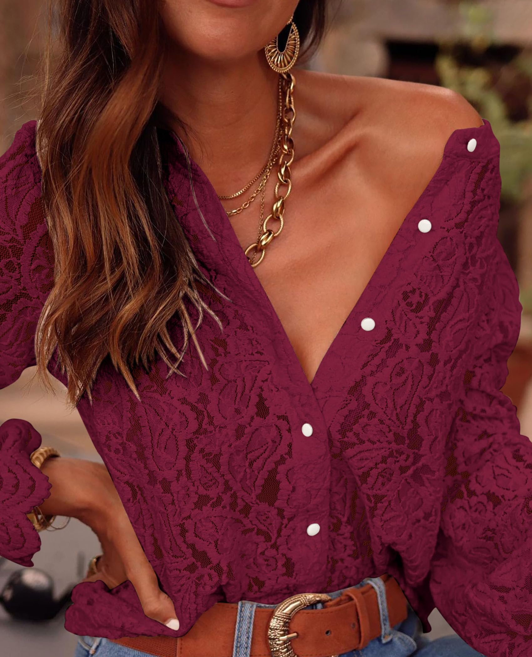 Women's Fall Trendy Long Sleeve Lace Tops(Wine Red,Small)