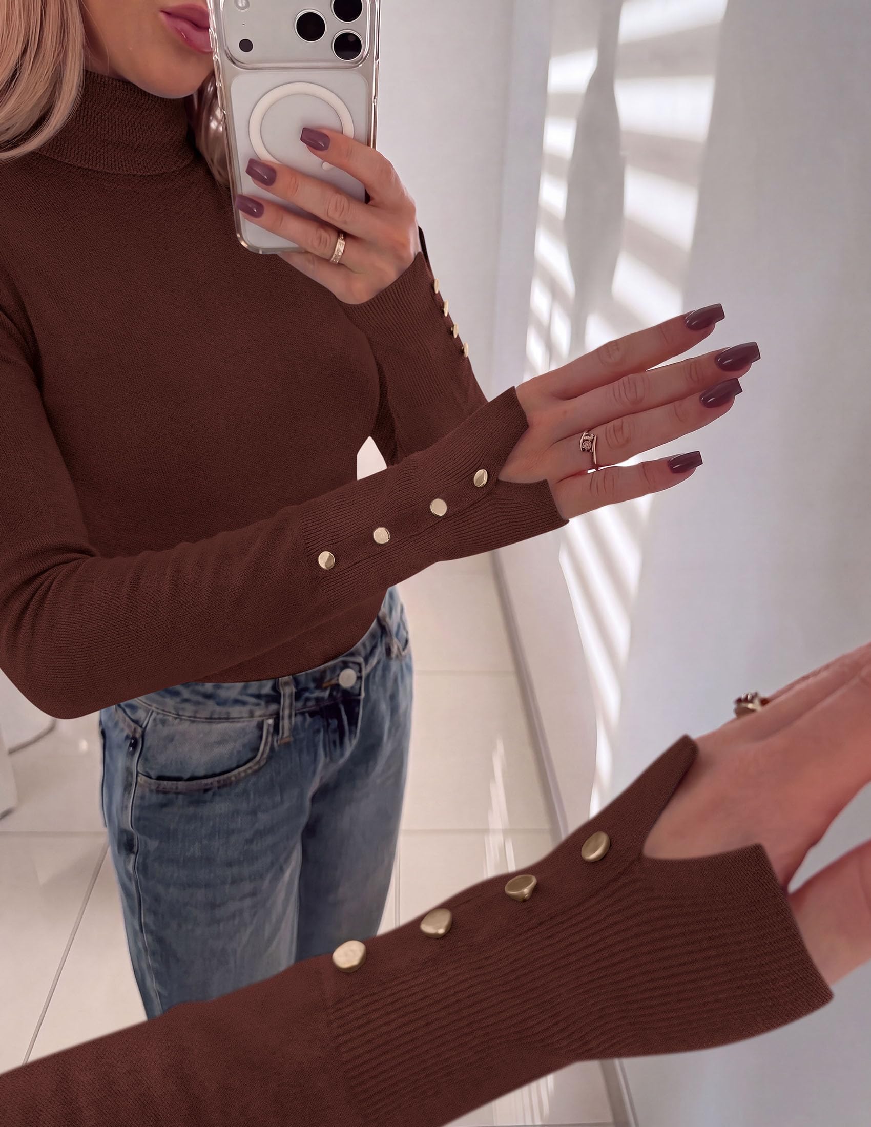 Women Turtleneck Sweaters Fall Long Sleeve Tops,Brown,S