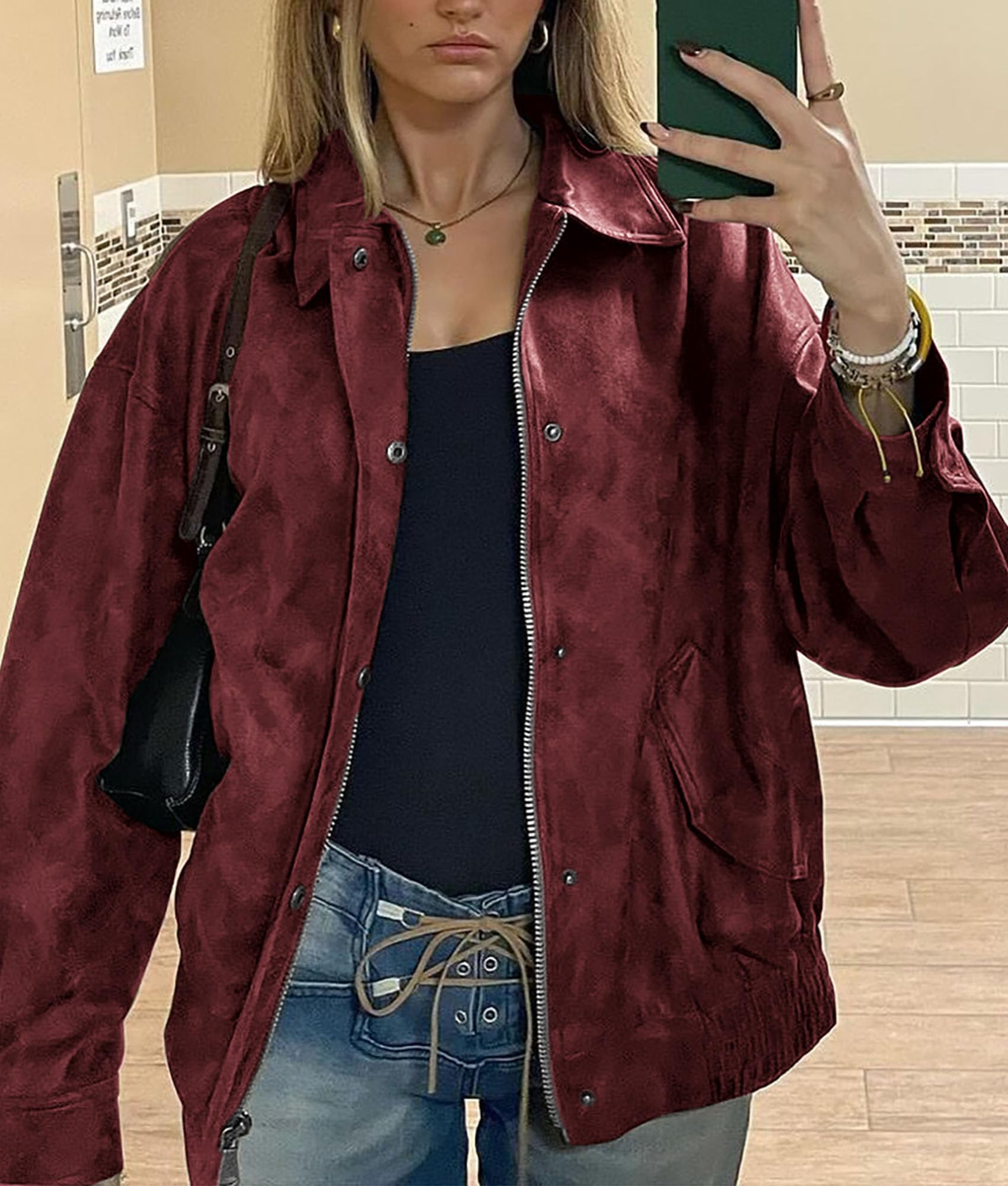 Women's Faux Leather Motorcycle Jackets(Style2-Wine Red,L)