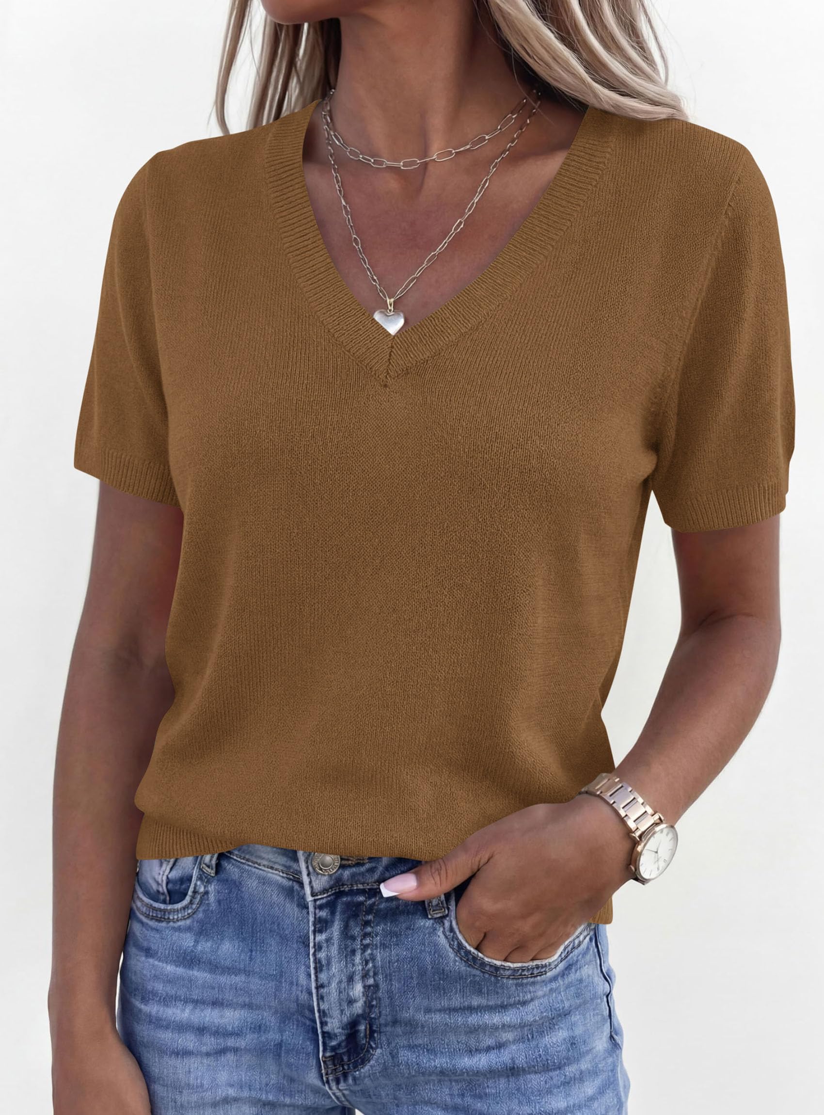 Womens Short Sleeve Sweater V Neck Tops,Khaki,S