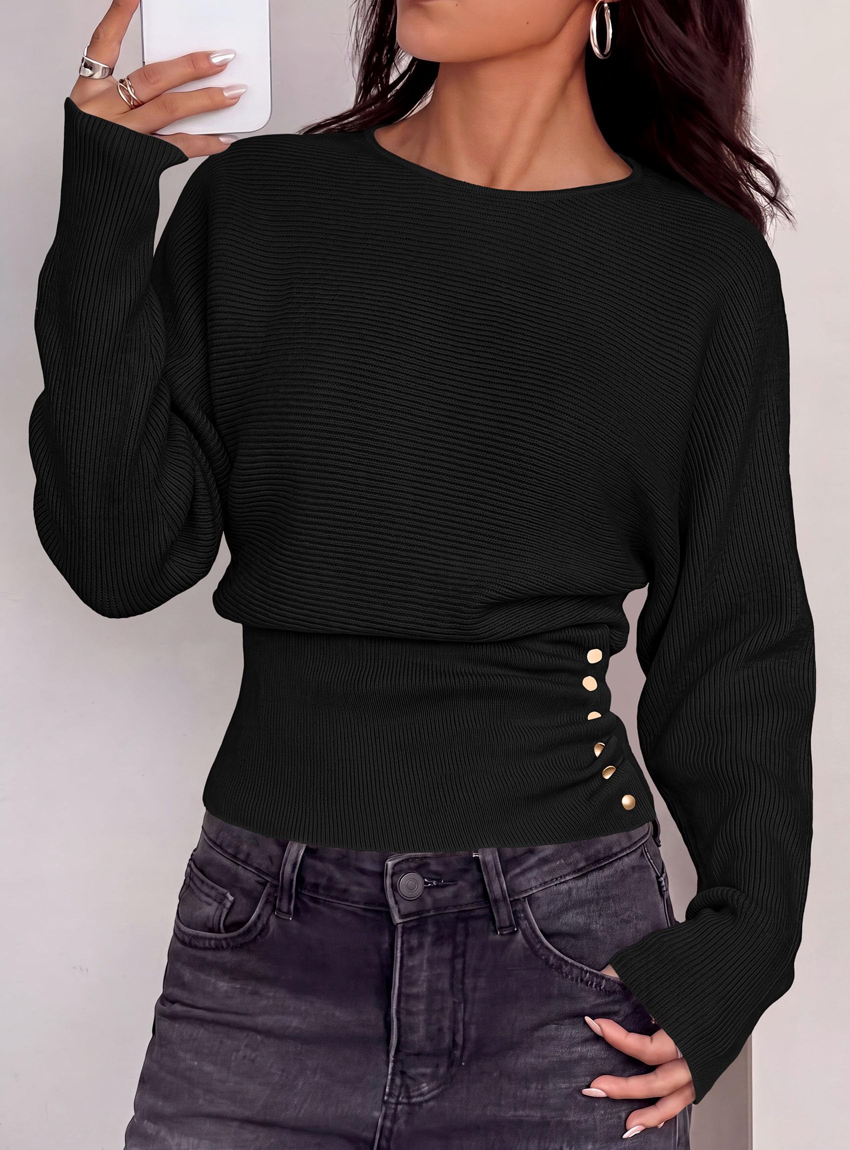 Batwing Sleeve Sweaters for Women Pullover Fall Clothes Black