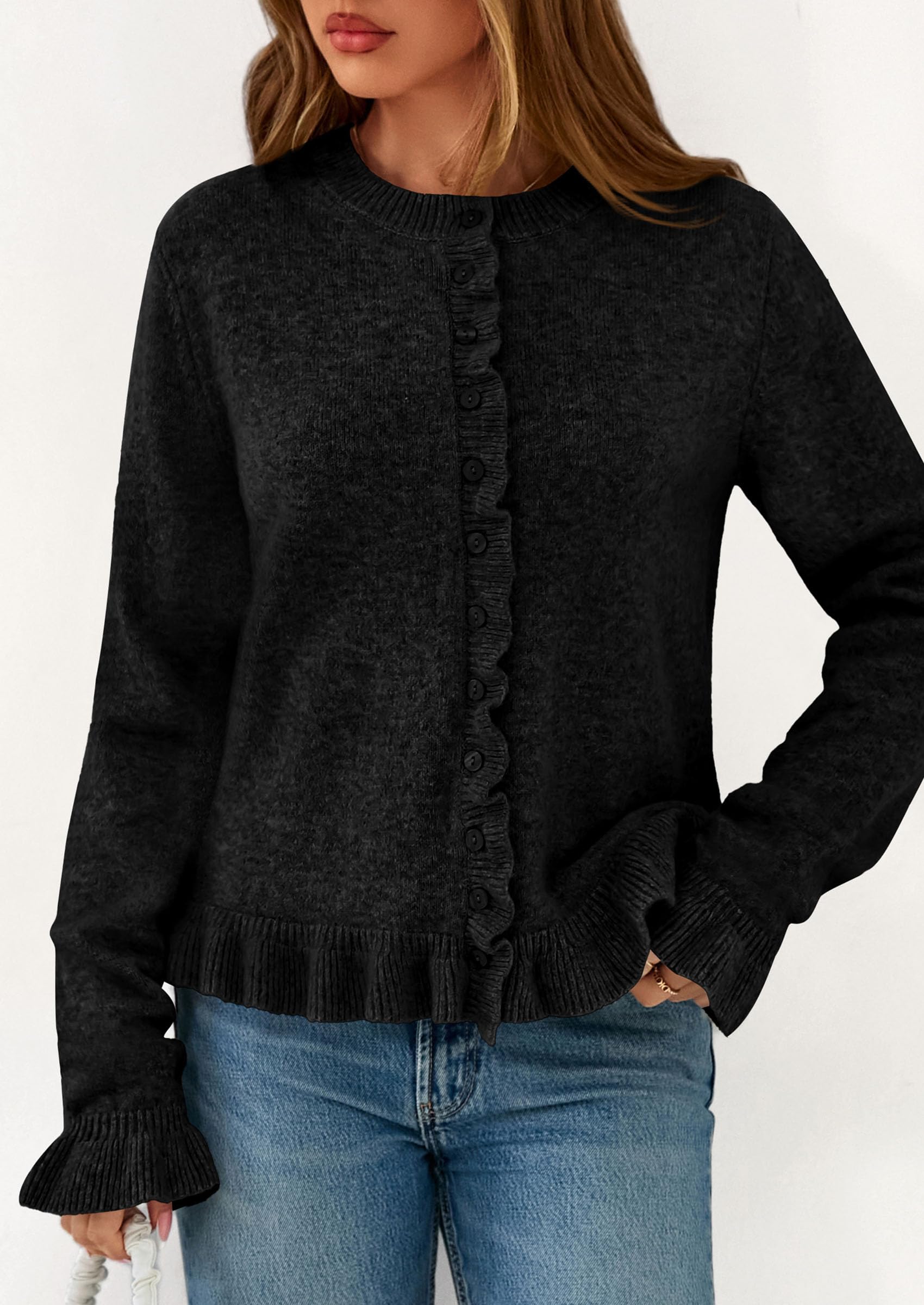 Womens Ruffle Button Down Cardigan Sweaters,Black,S