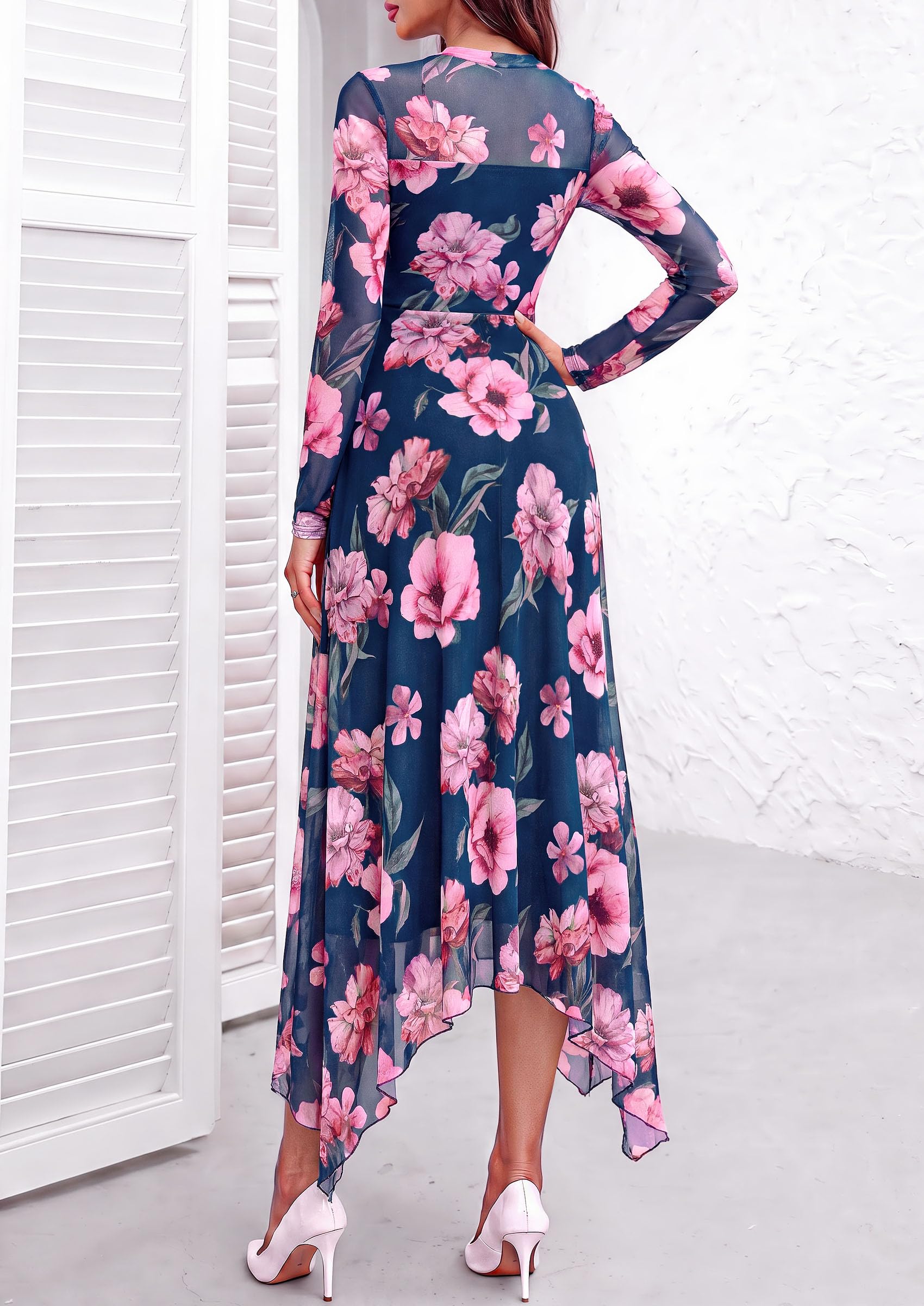 Women's Floral Mesh Midi Dress,Floral Blue Pink,S