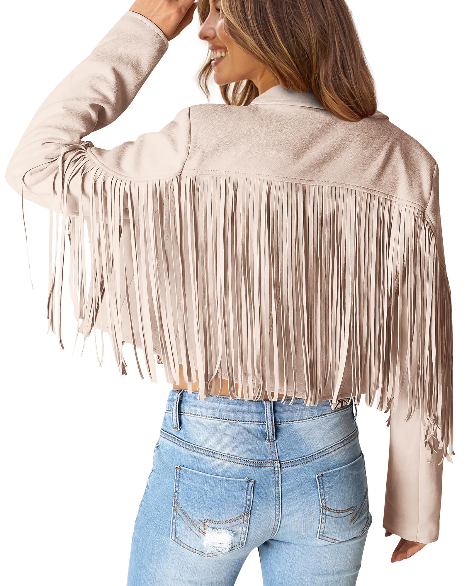 Women's Fringe Faux Suede Leather Jackets,Beige Apricot,S