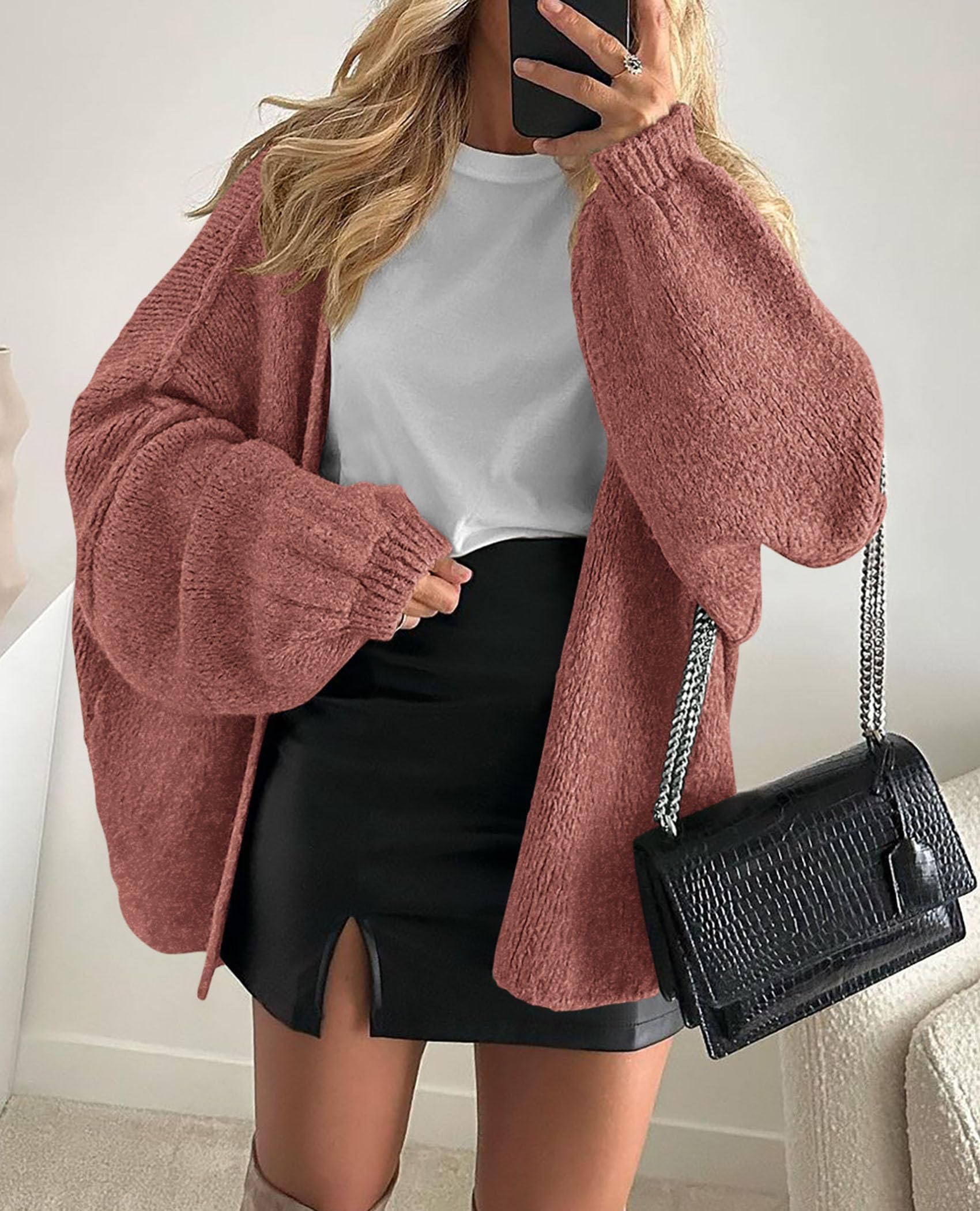 Womens Open Front Oversized Cardigan Sweaters,Grey Pink,XS