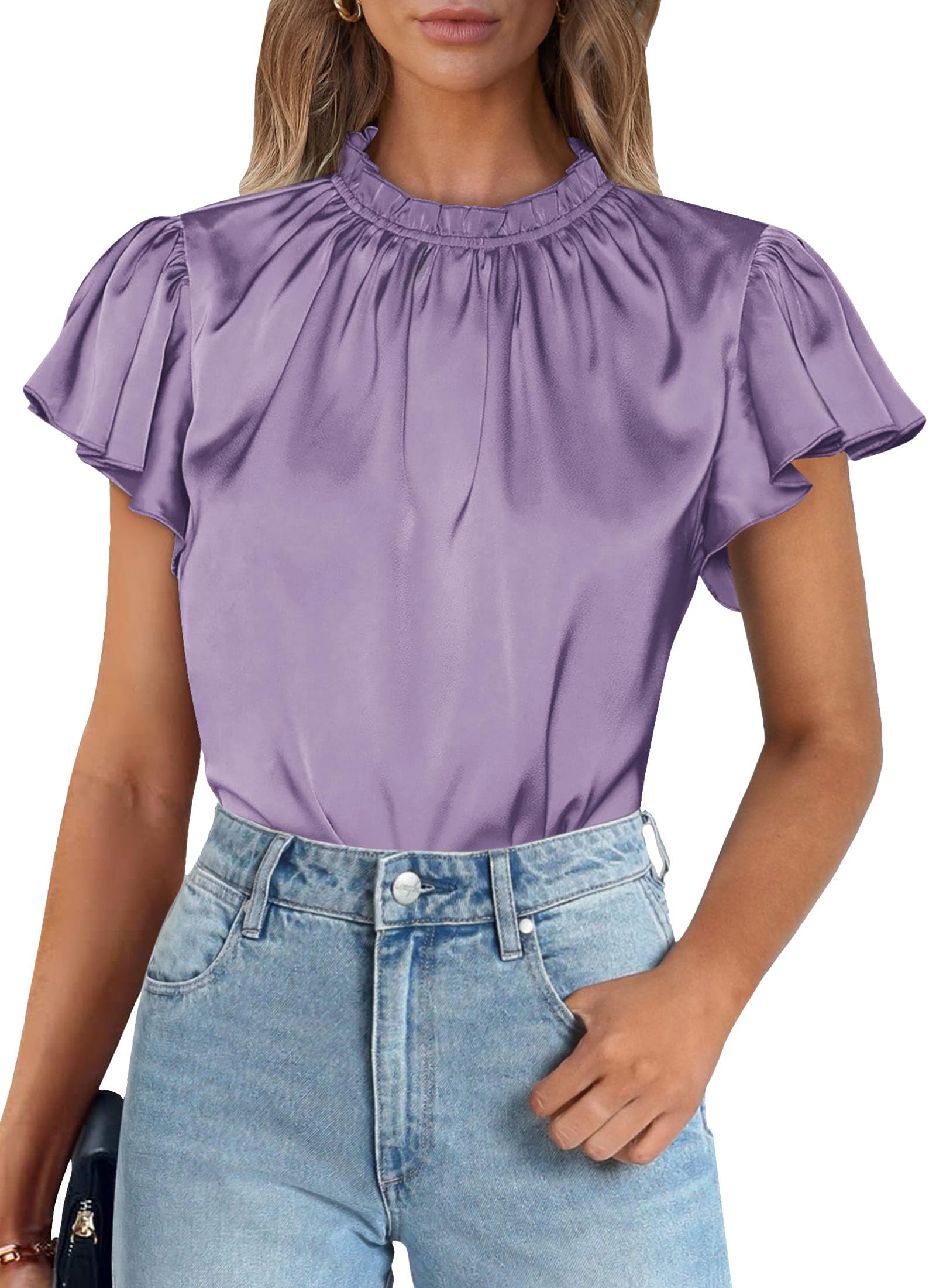 Women's Satin Tops Business Casual Work Blouses, Purple,S