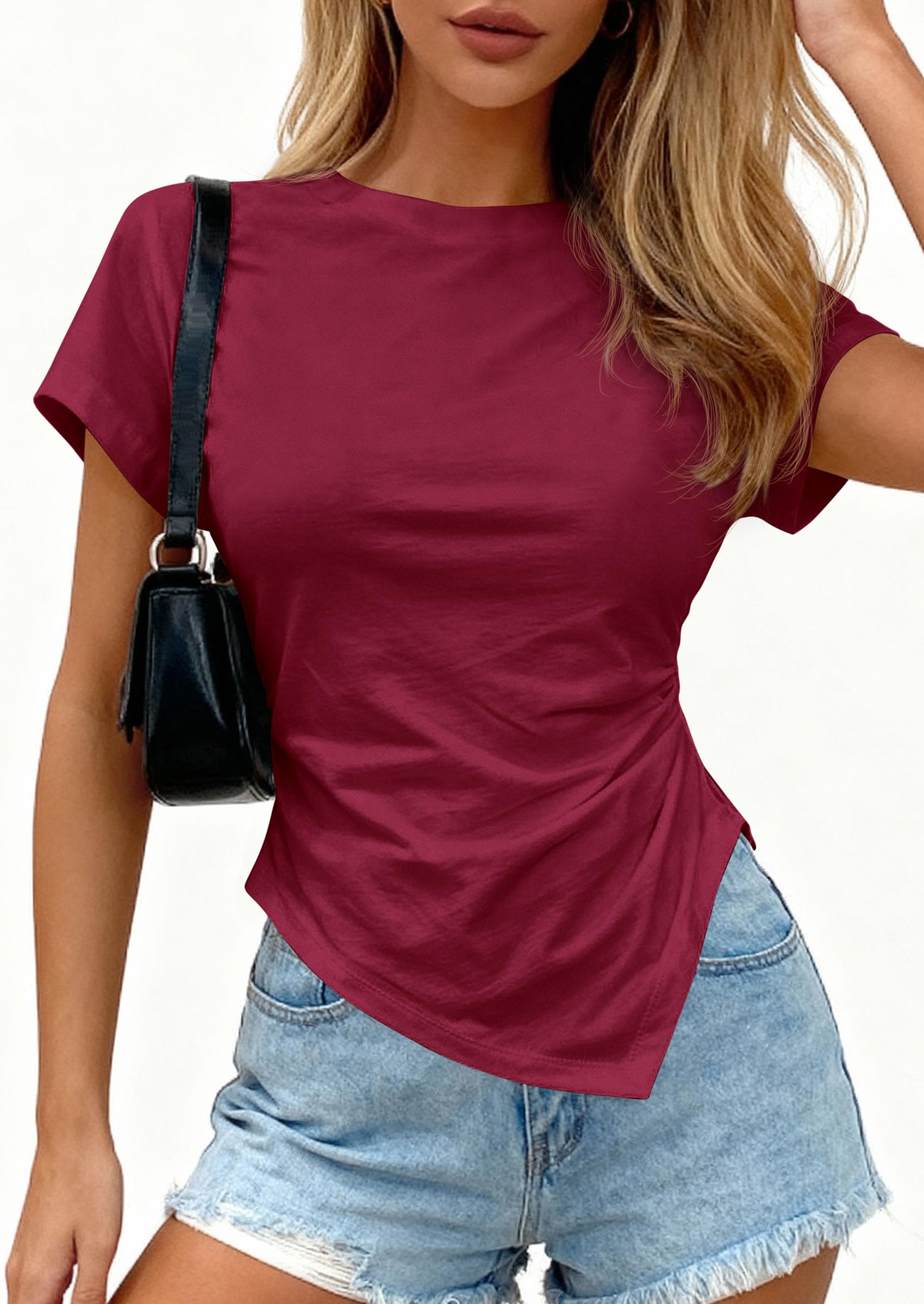 Womens Asymmetrical Summer Short Sleeve Tops,Wine Red,XS