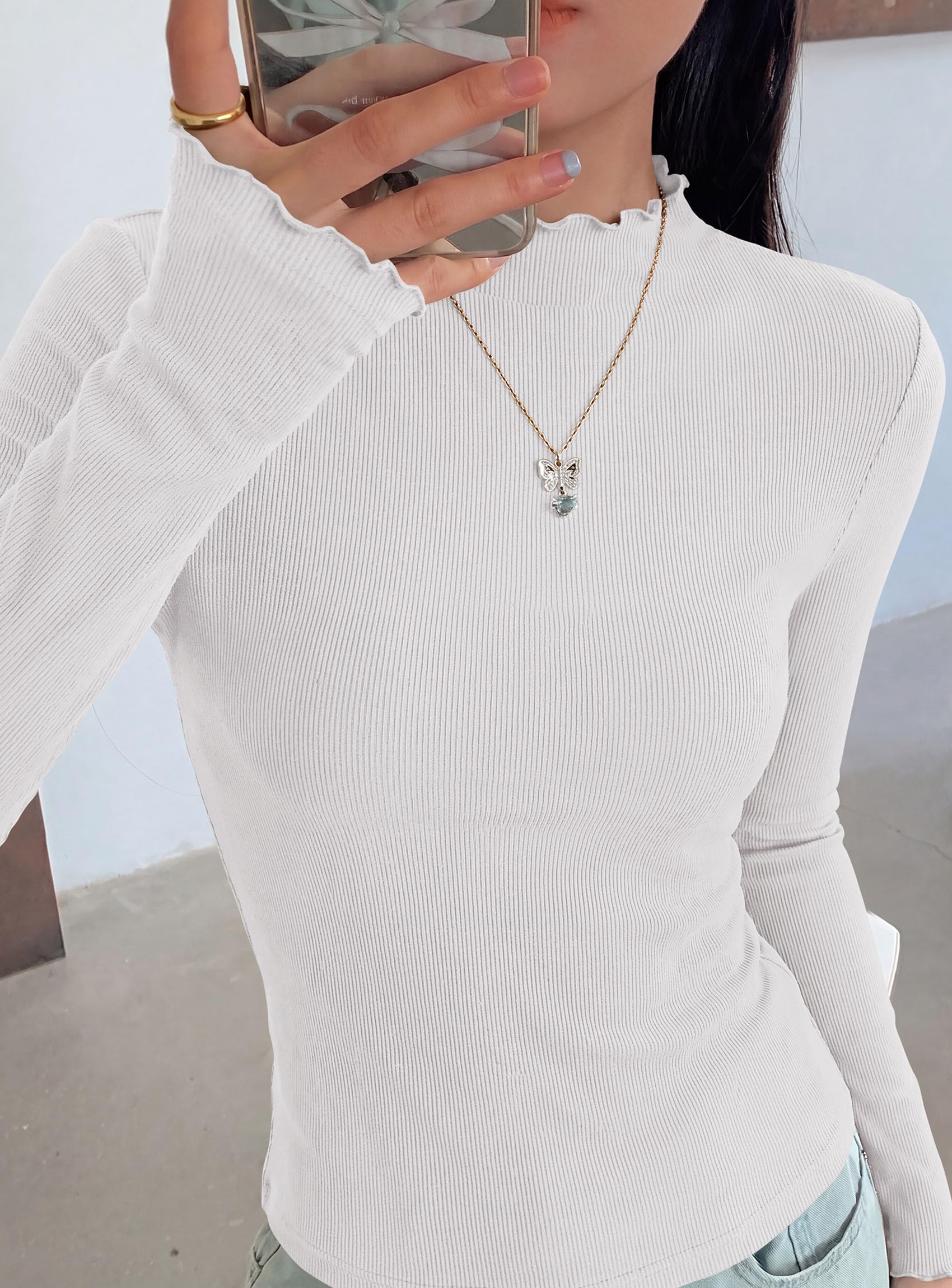 Women's Long Sleeve T Shirts Lettuce Trim Mock Neck Tops White