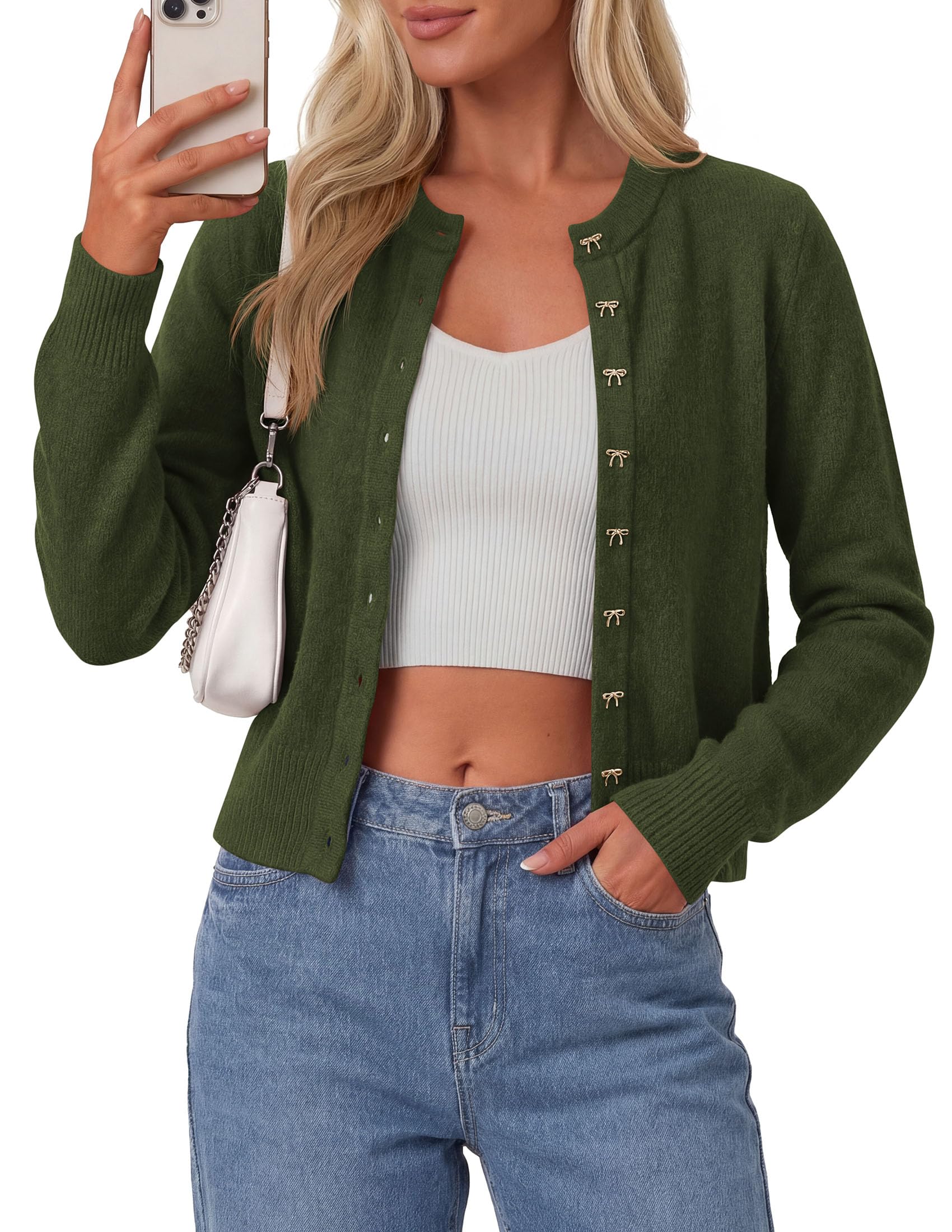 Cardigan Sweaters for Women Cropped Bow Button Up Cardigan