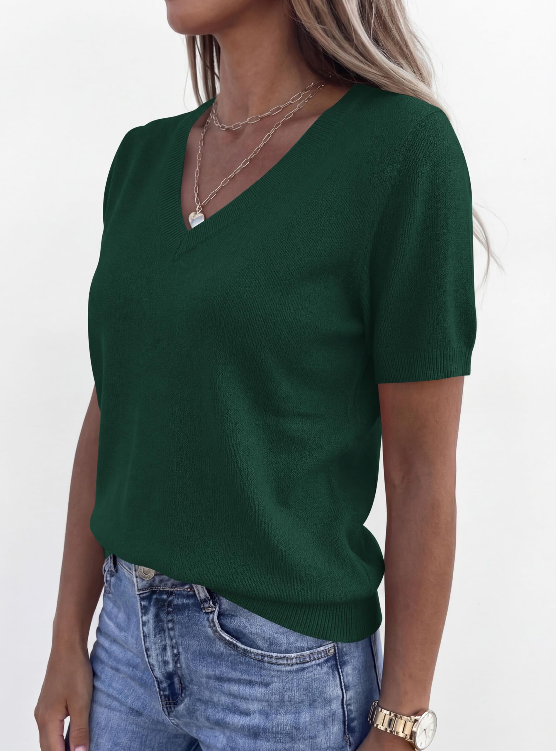 Womens Short Sleeve Sweater V Neck Tops,Dark Green,S