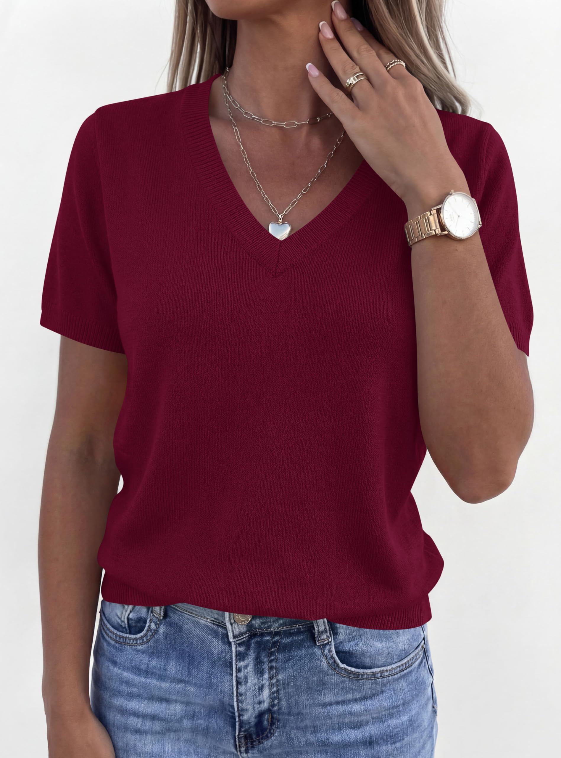 Womens Short Sleeve Sweater V Neck Tops,Wine Red,S