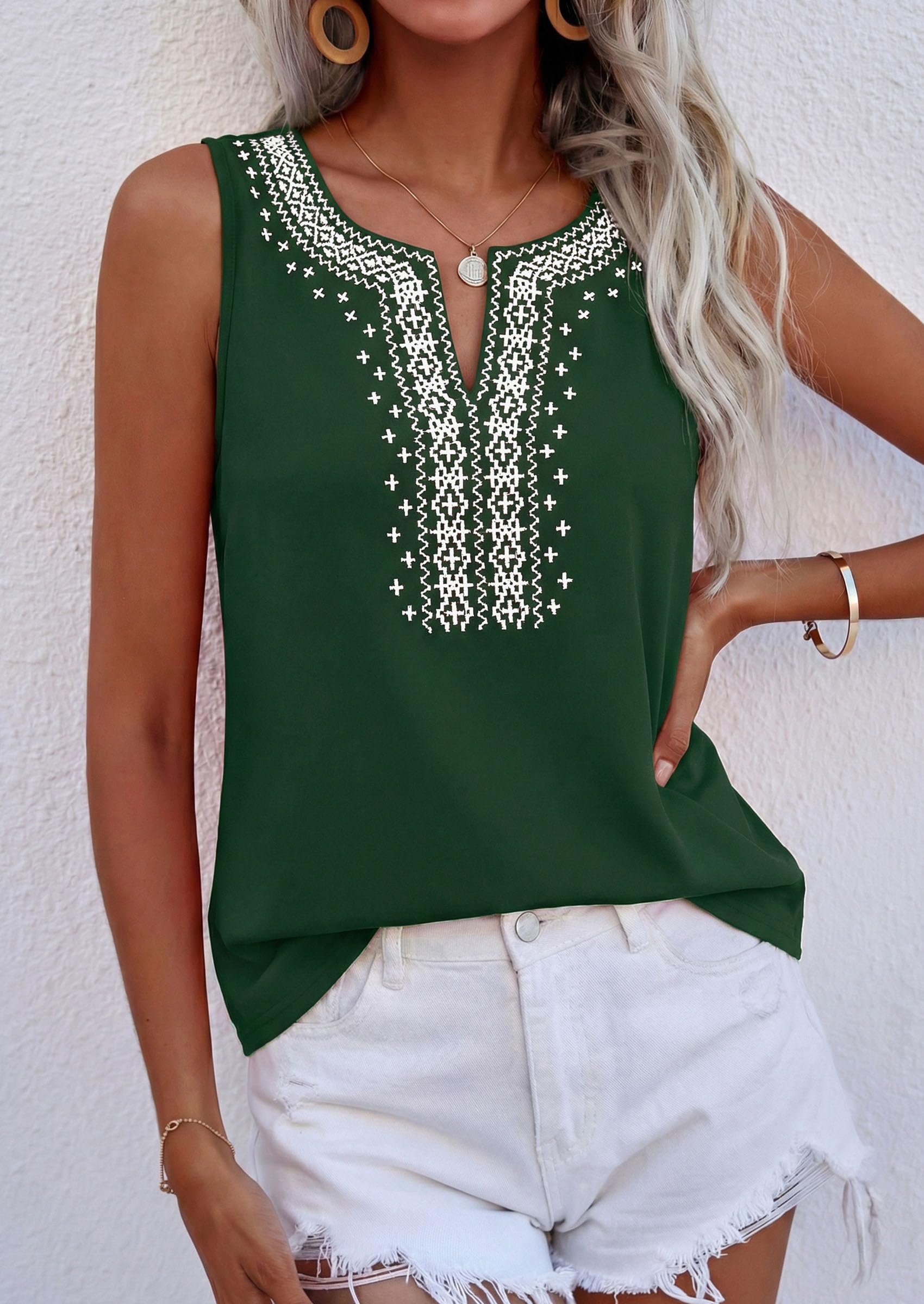 Womens Embroidered Sleeveless Tank Tops Dark Green,S
