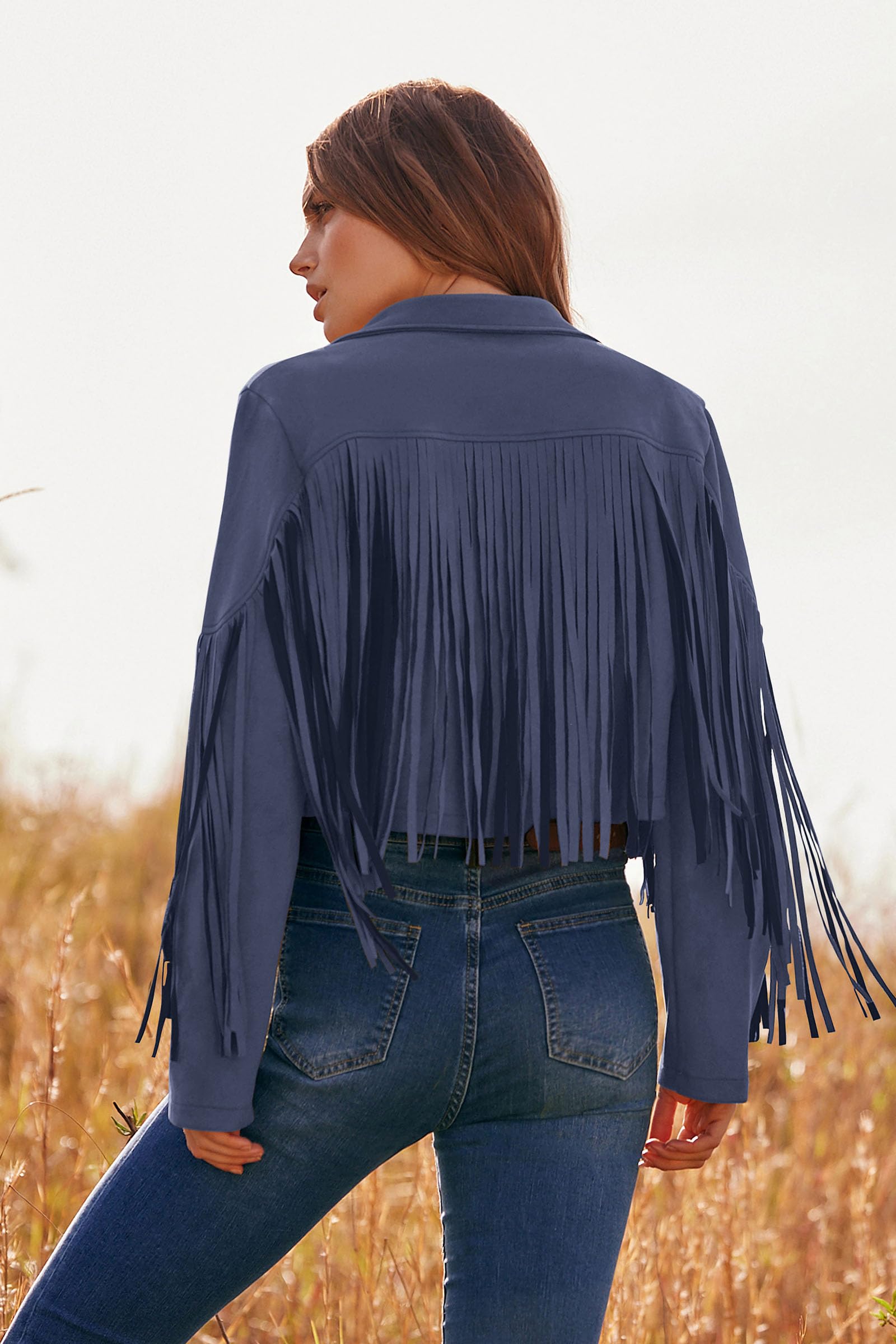 Women's Fringe Faux Suede Leather Jackets,Haze Blue,S