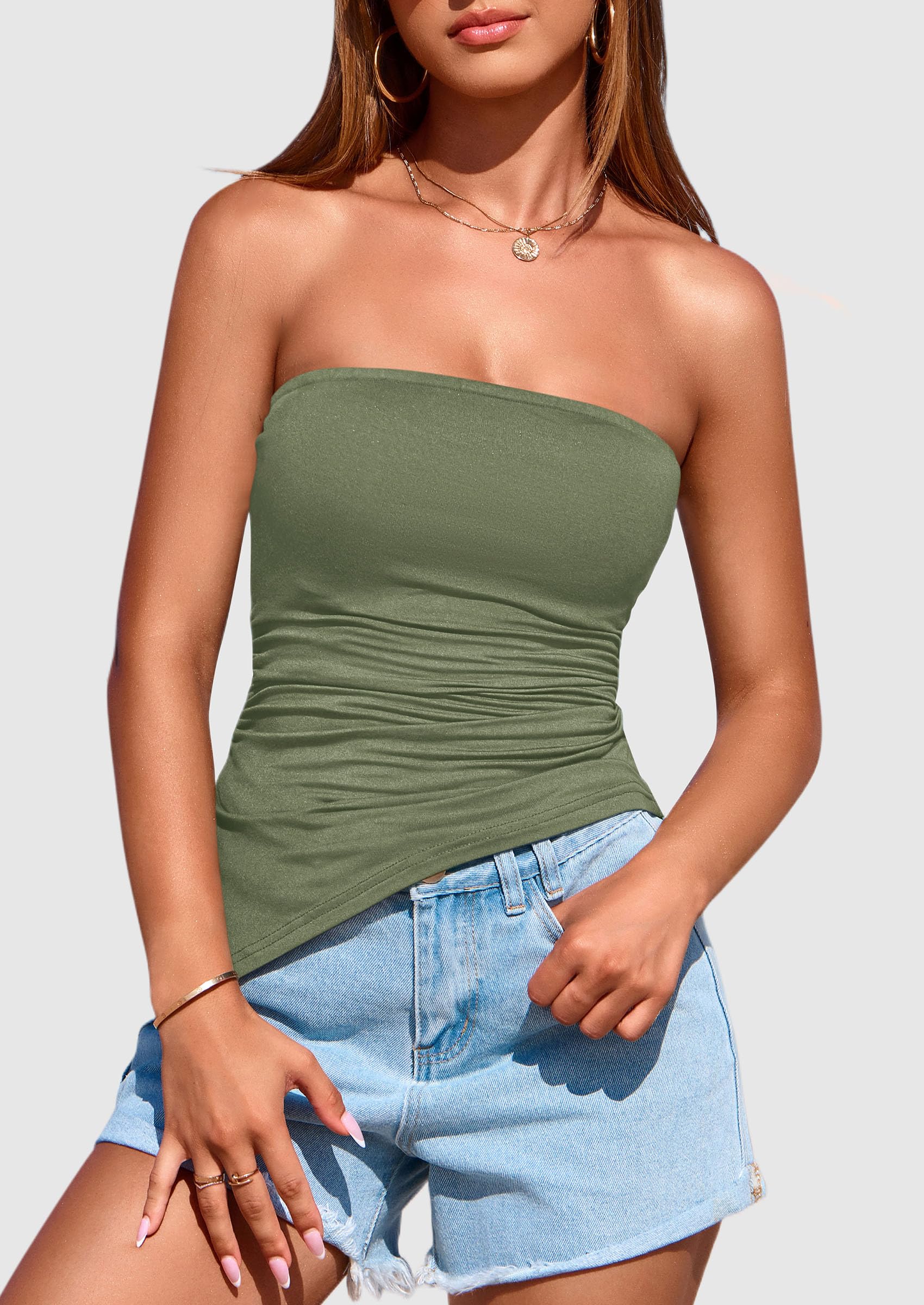Women's Ruched Asymmetrical Strapless Tube Top, Sage Green,S