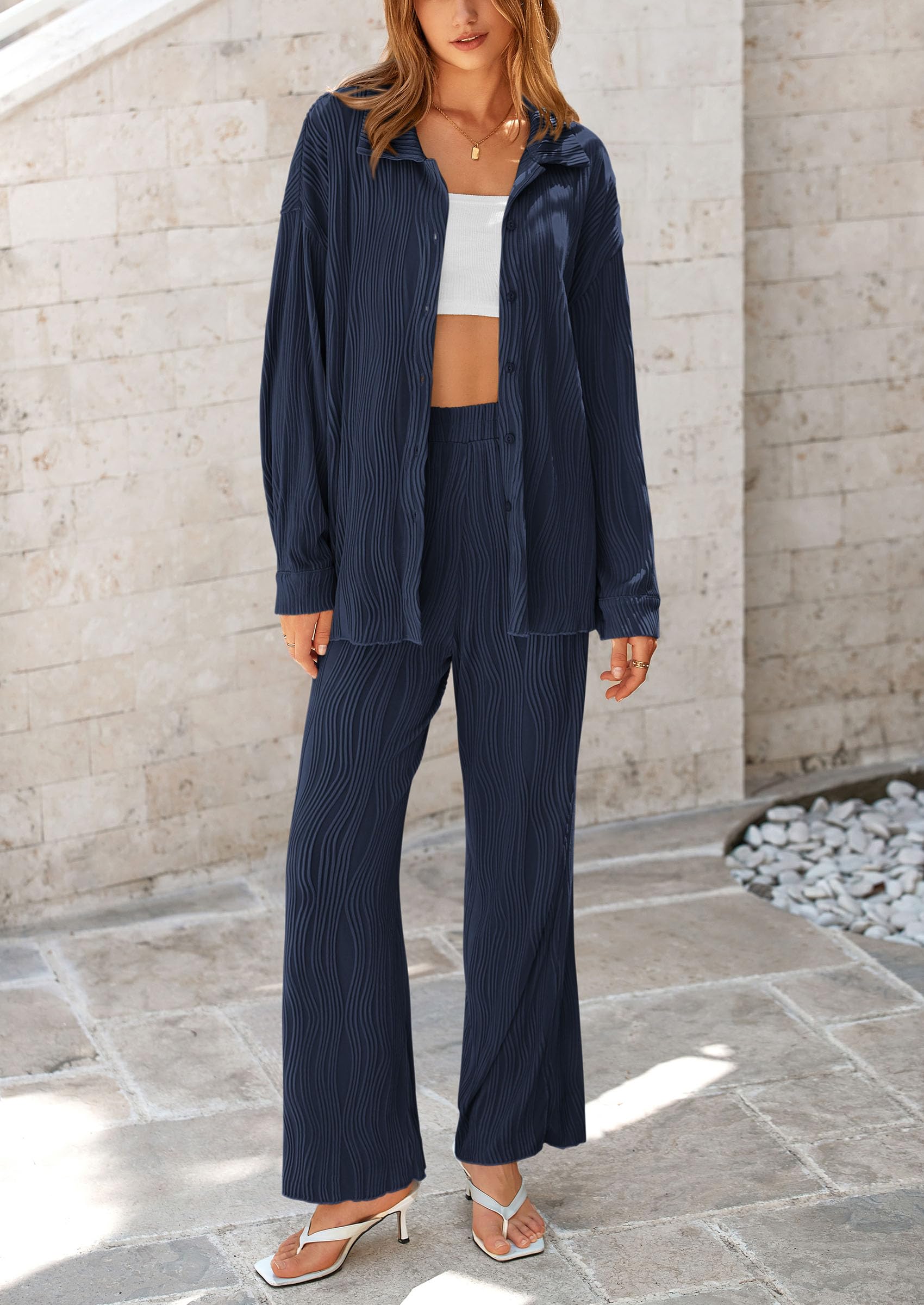 Womens 2 Piece Sets Button Down Lounge Tracksuit,Dark Blue,S
