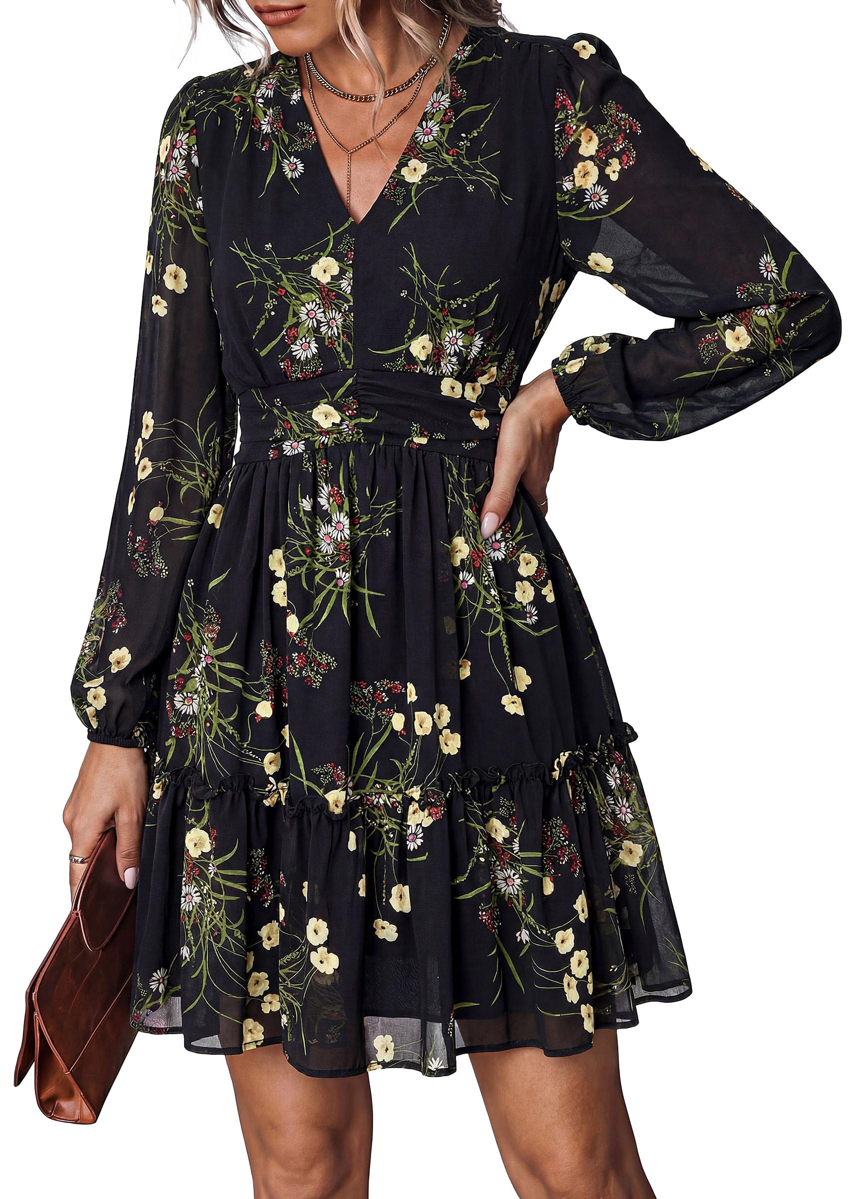 Women Floral Long Sleeve Mini Dress Fall Wedding Guest Dresses