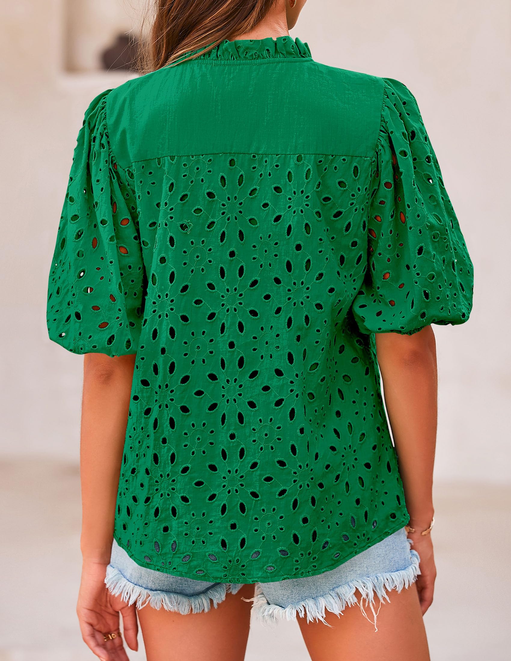 Womens Tops Boho Eyelet Puff Sleeve Blouse, Dark Green,S