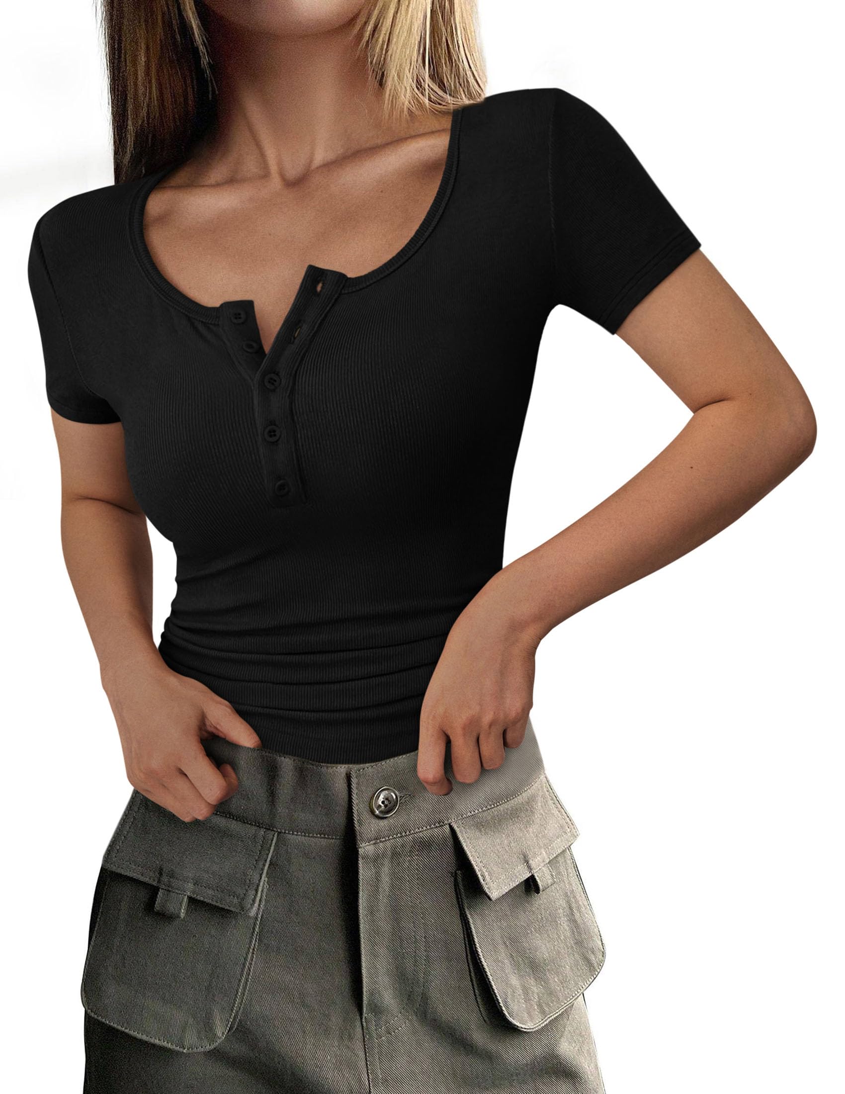 Women's Summer Tops Henley Tee Shirts (Black,X-Small)