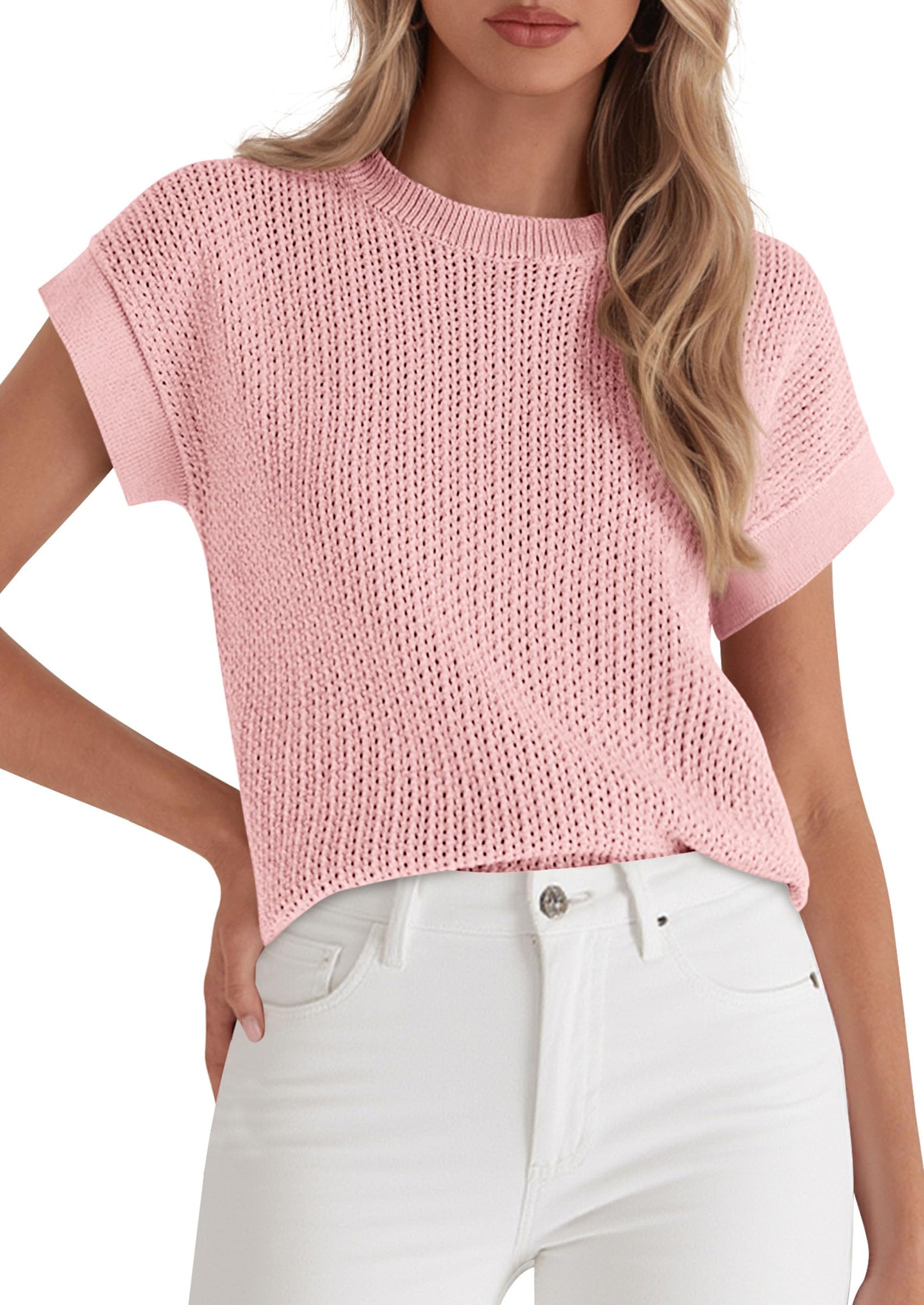 Women's Summer Sweater Vest Crochet Tops (Pink,S)
