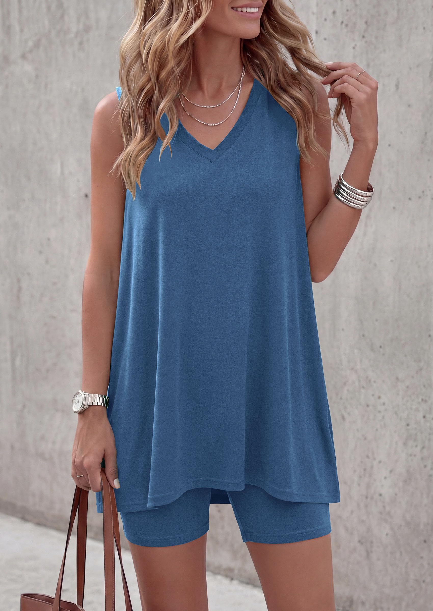 Women's Summer 2 Piece Outfits Short Sets (Blue,L)