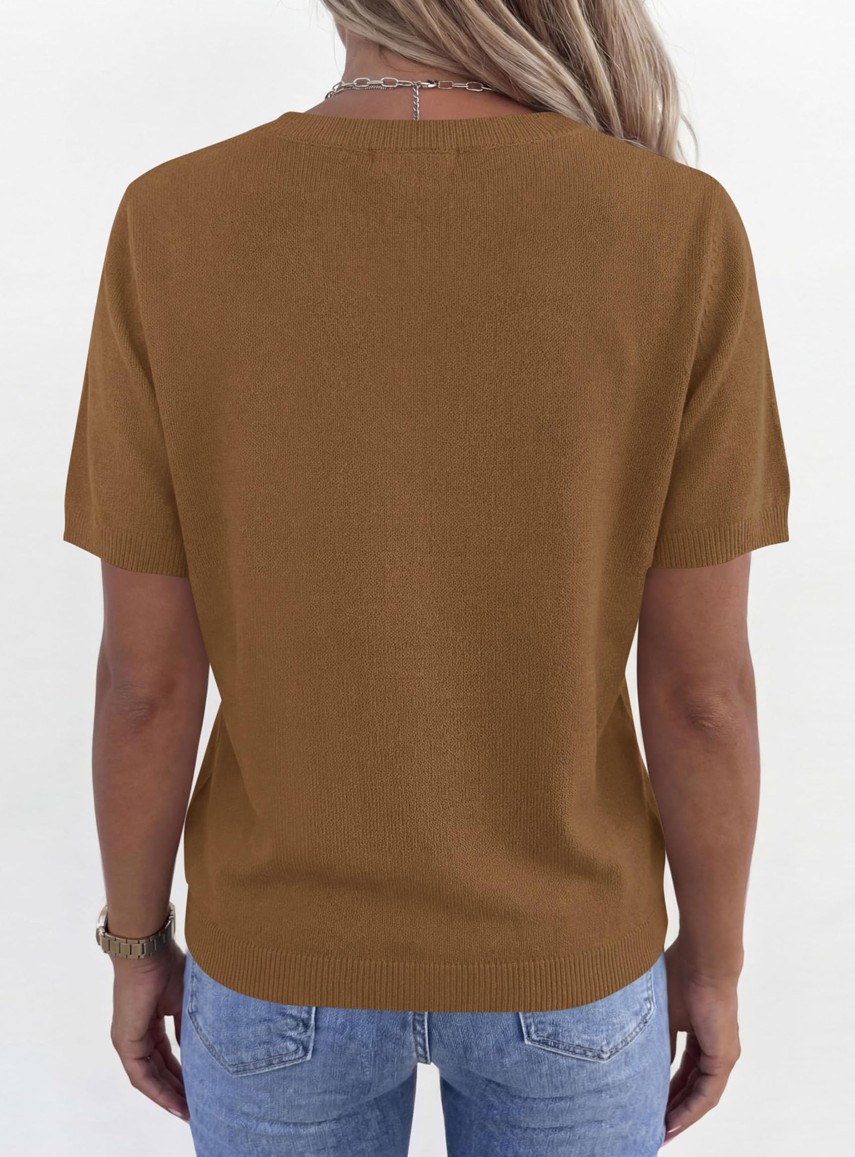 Womens Short Sleeve Sweater V Neck Tops,Khaki,S