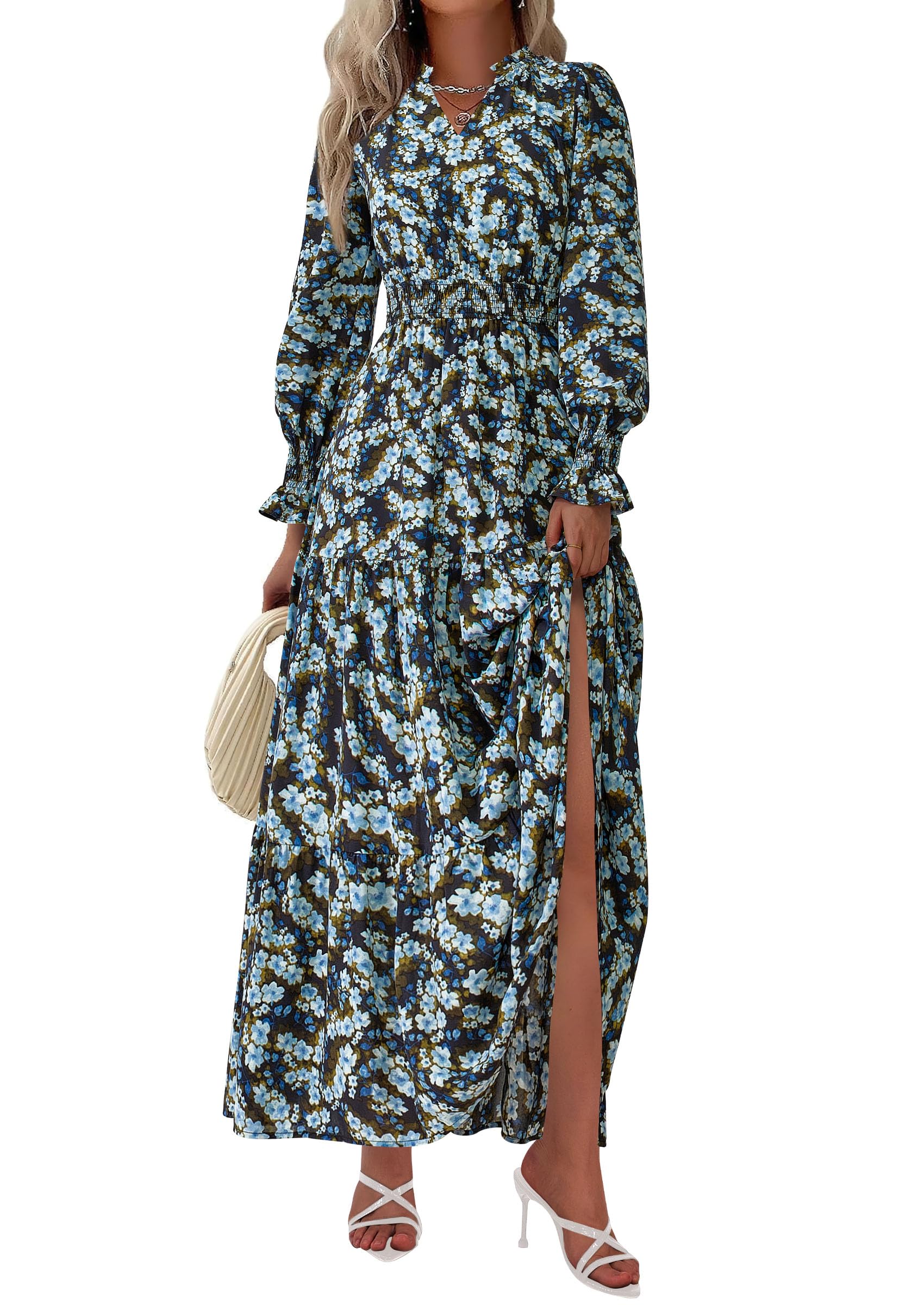 Women's Floral Maxi Dress Fall A Line Wedding Guest Dresses