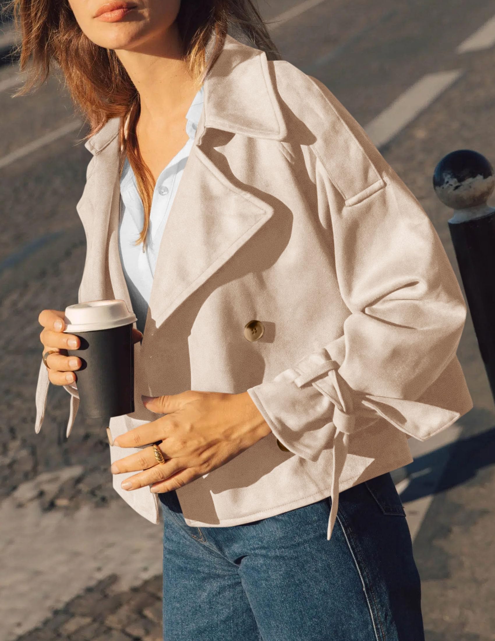 Women Faux Suede Double Breasted Trench Coat Cropped Jackets